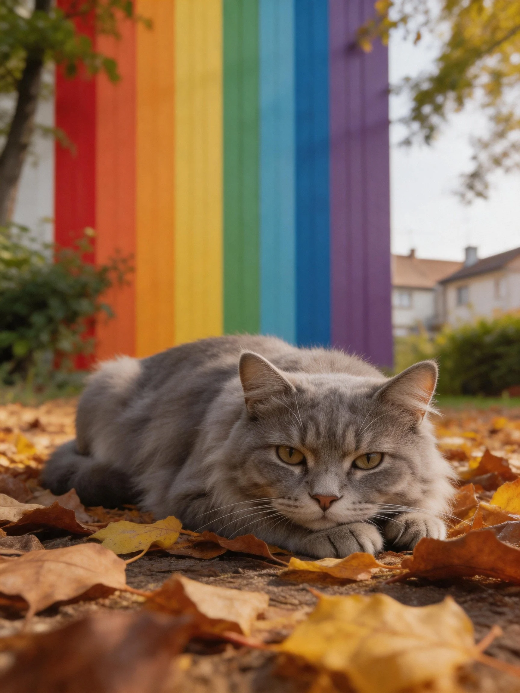A gray cat relaxes amid autumn leaves beside a rainbow-colored wall