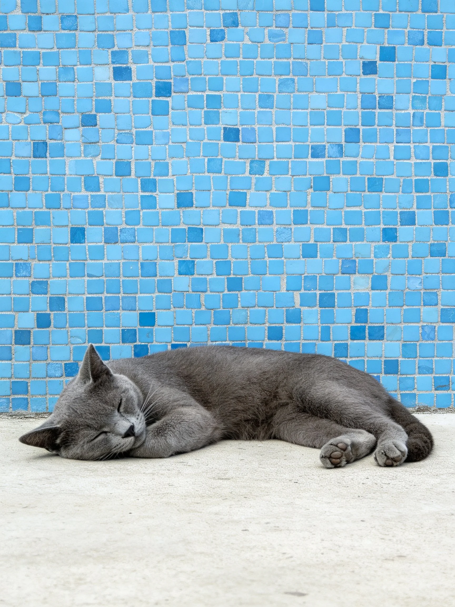 A gray cat sleeps near a bright blue mosaic tile wall