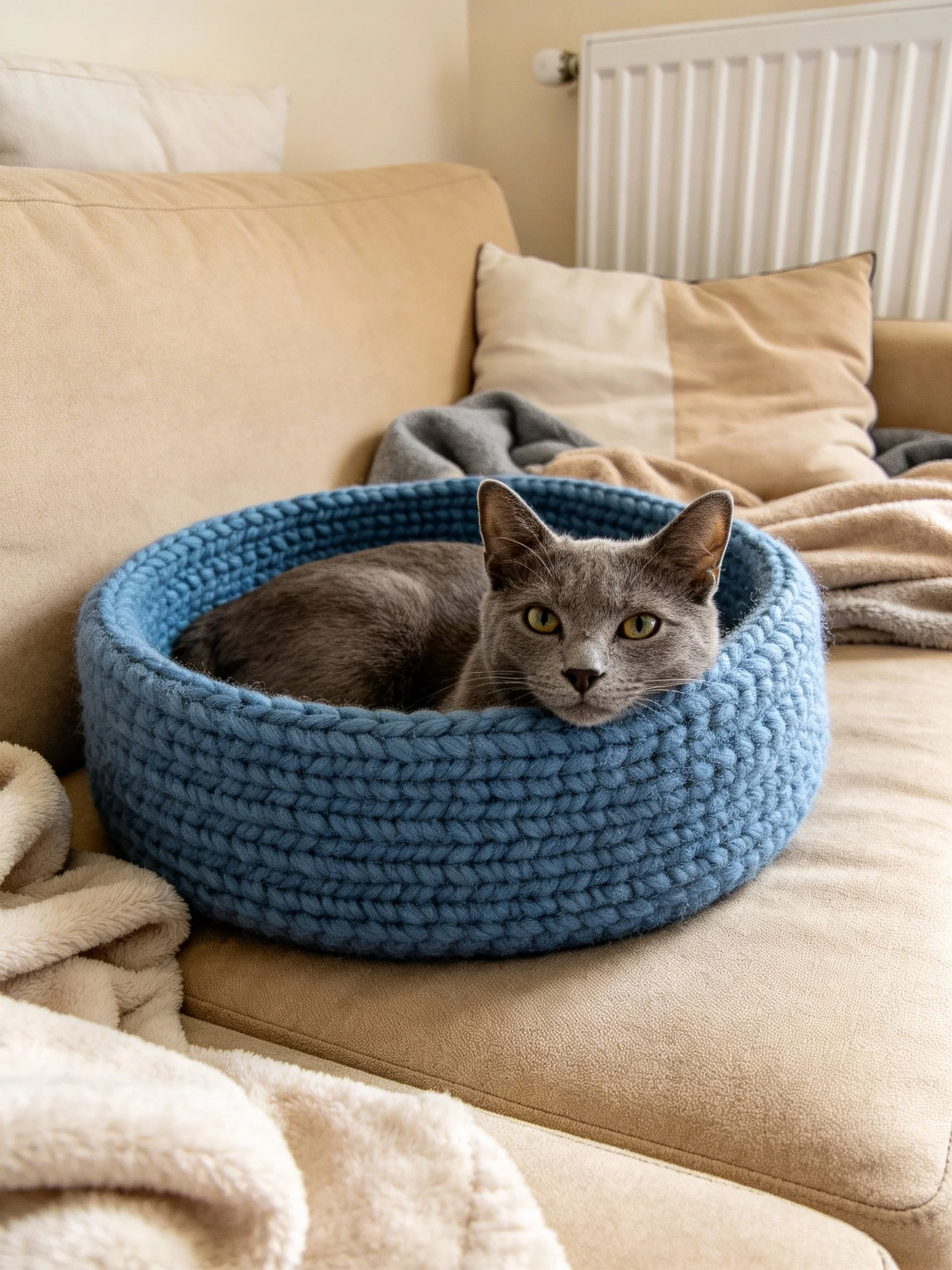 A gray cat relaxes in a blue crocheted bed on a beige couch.