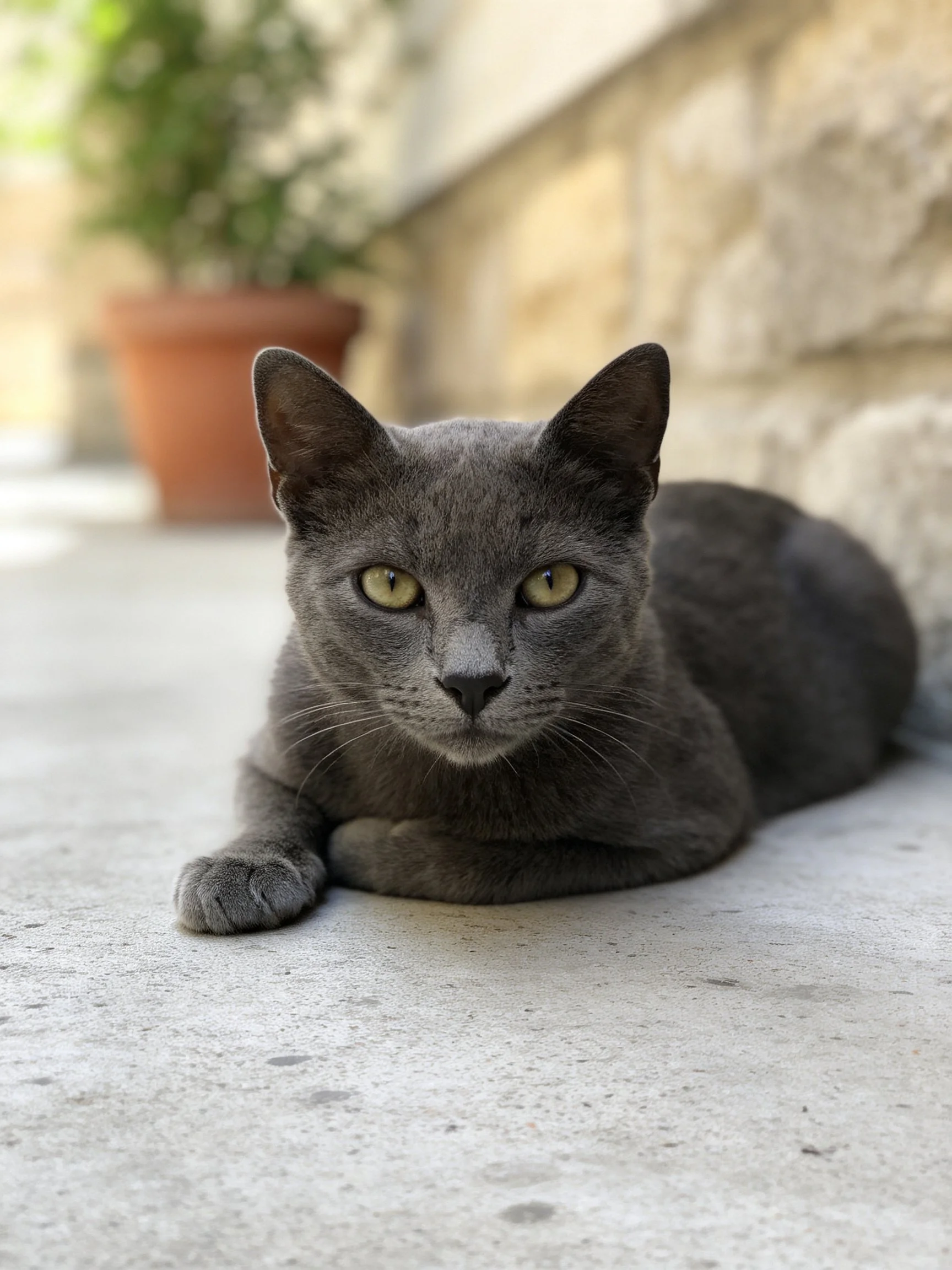 A gray cat rests near a stone wall with a terracotta pot