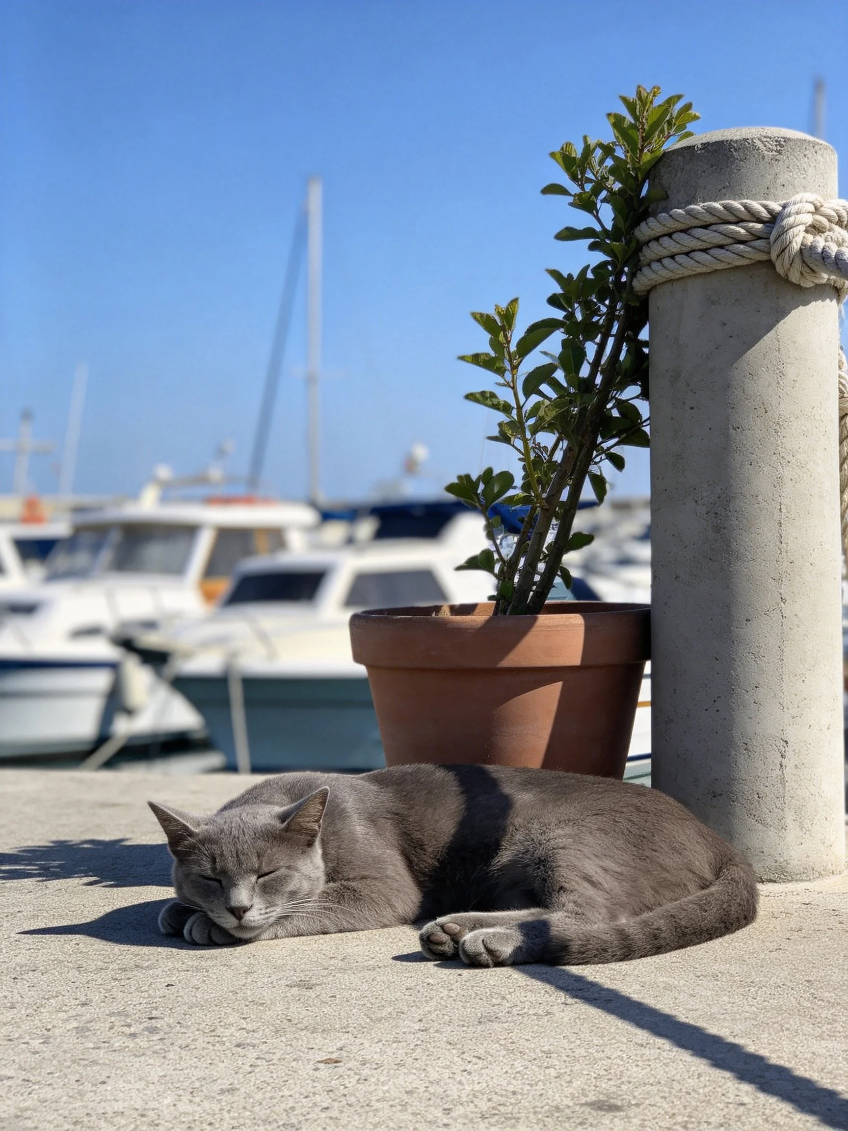 A gray cat rests near a terracotta pot with boats in the background