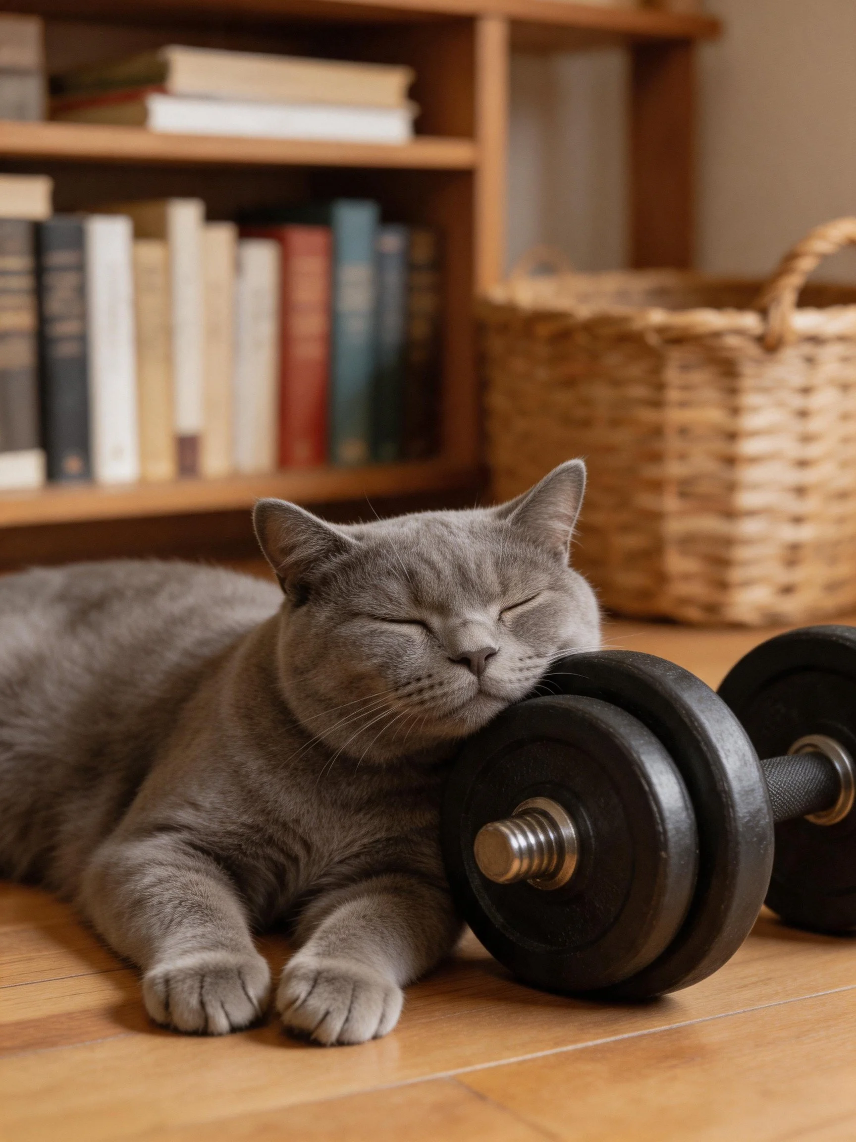 Gray cat naps beside dumbbells in a cozy room with books and a basket