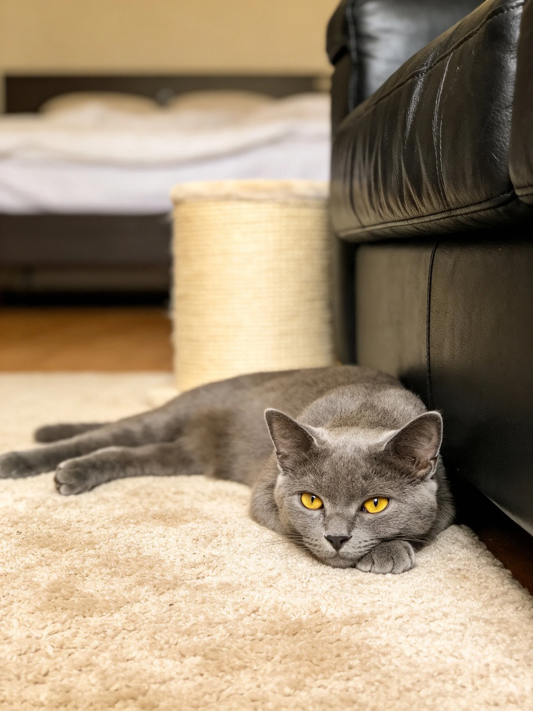 A gray cat rests near black leather furniture on a beige rug