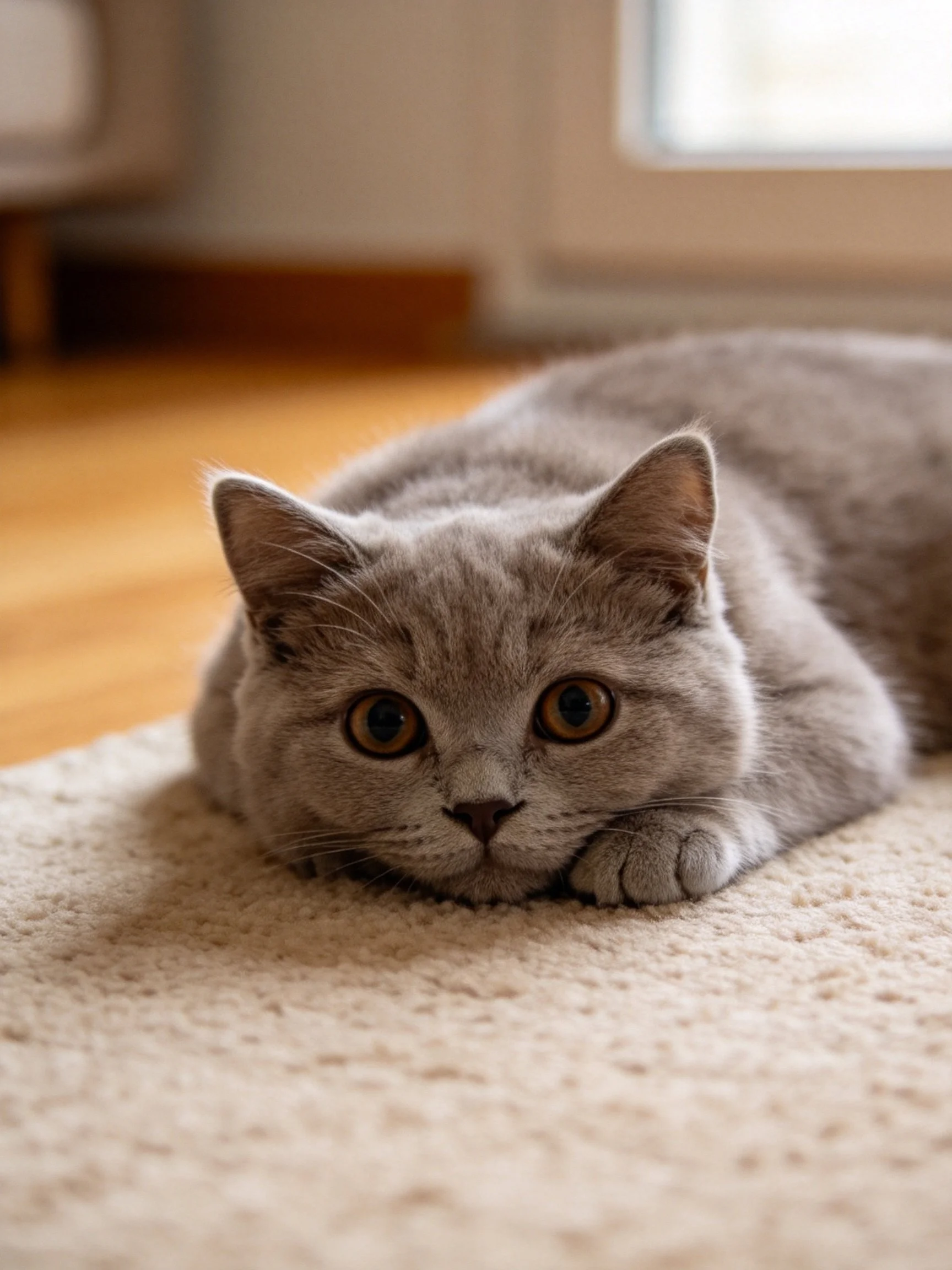 A gray cat rests on a beige rug near wooden flooring
