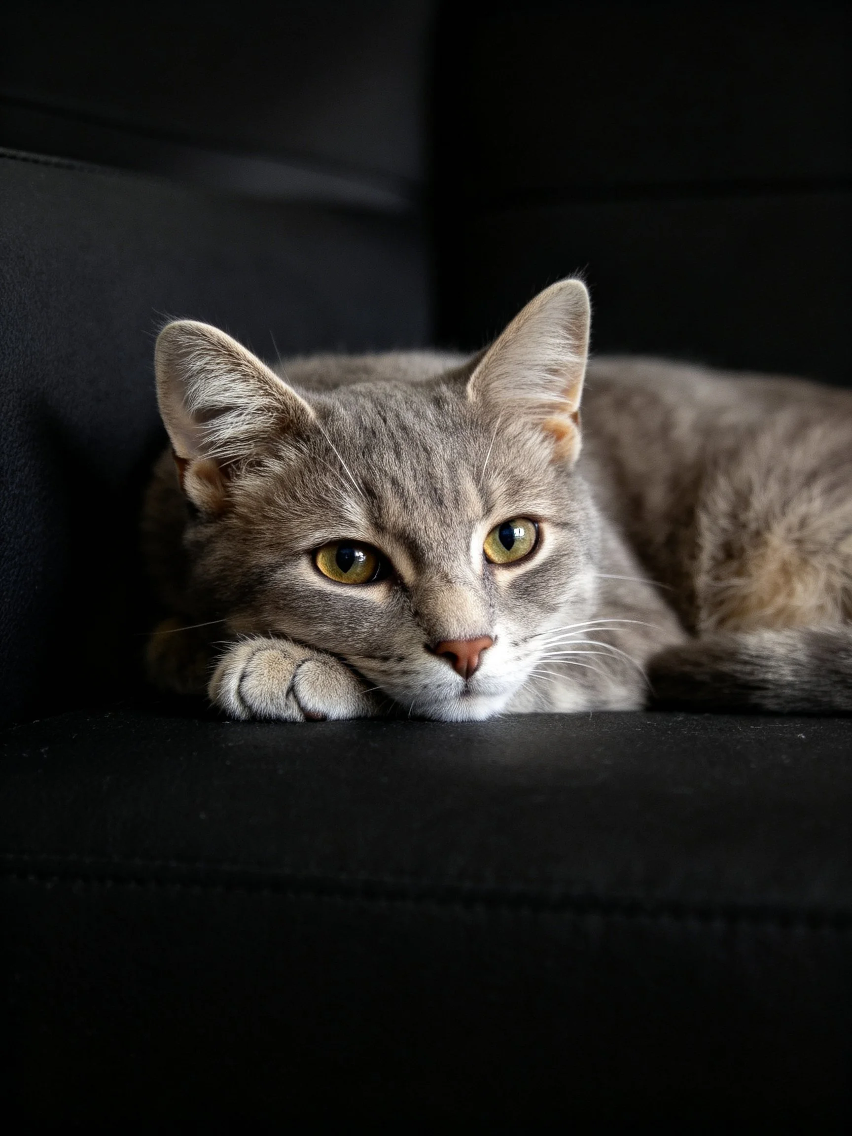 A gray cat rests on a black leather couch with bright green-yellow eyes