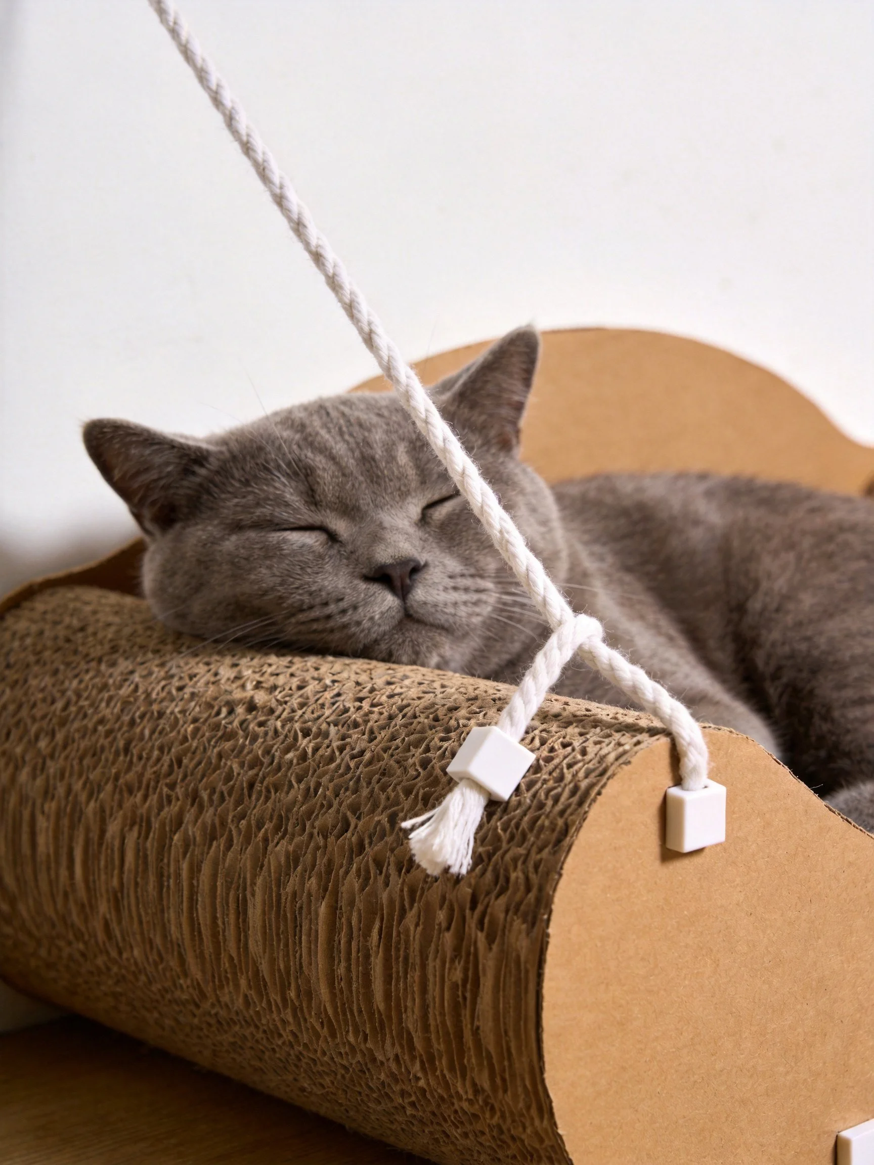 A gray cat rests on a corrugated cardboard bed with white rope