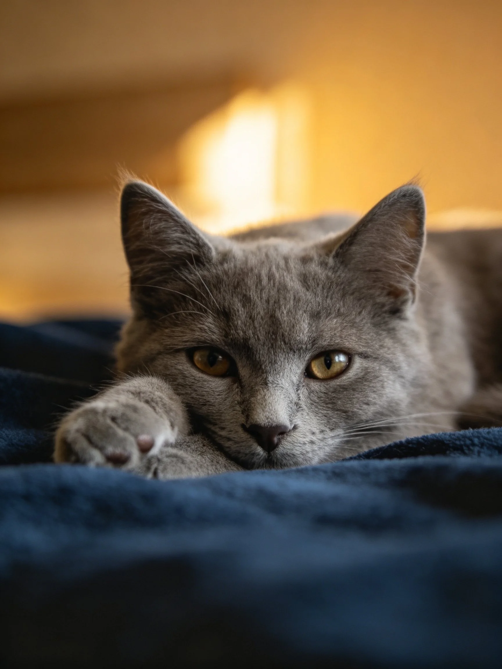 A gray cat rests on a dark blue blanket with warm lighting