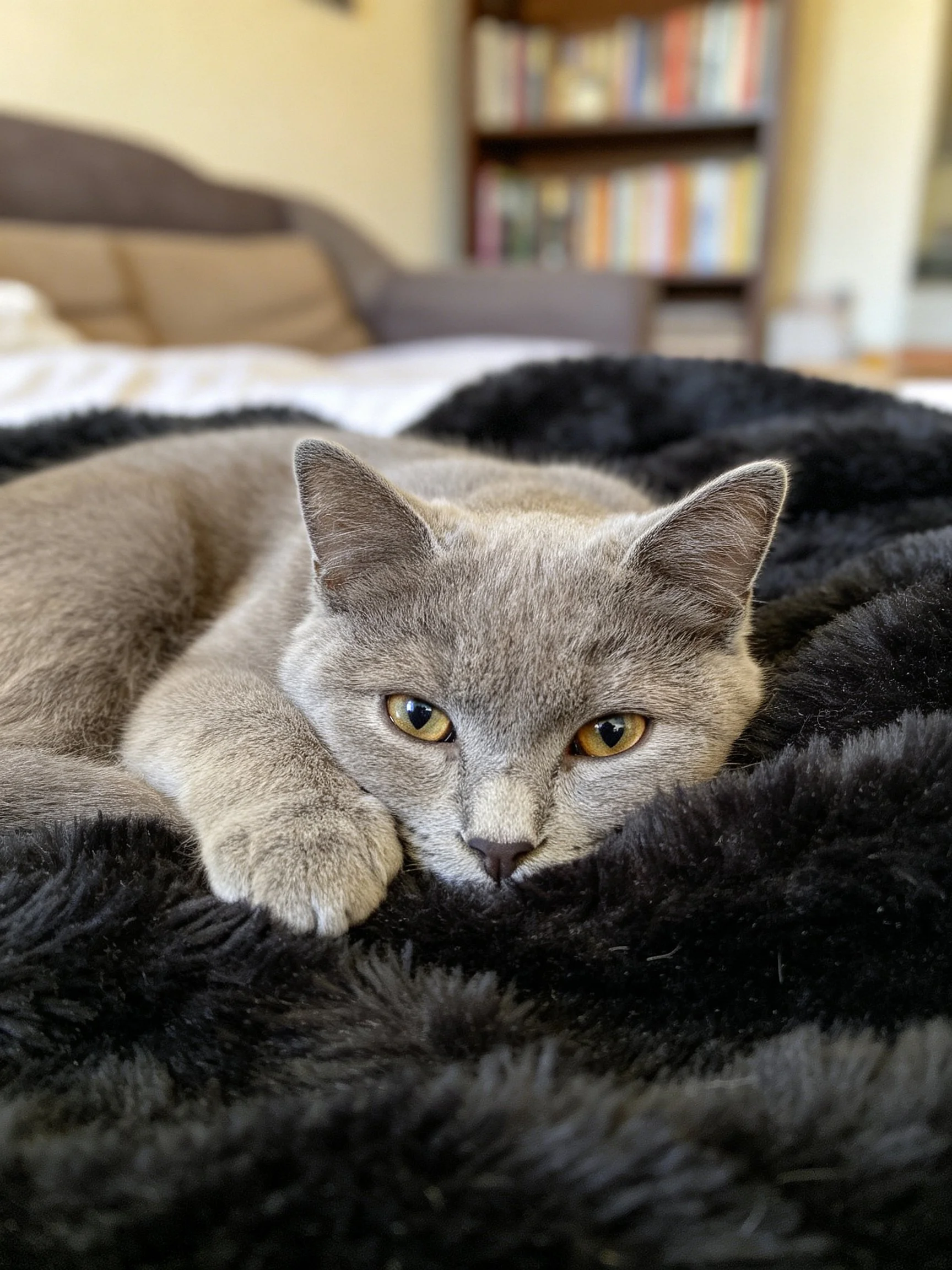 A gray cat relaxes on a soft blanket in a cozy room.