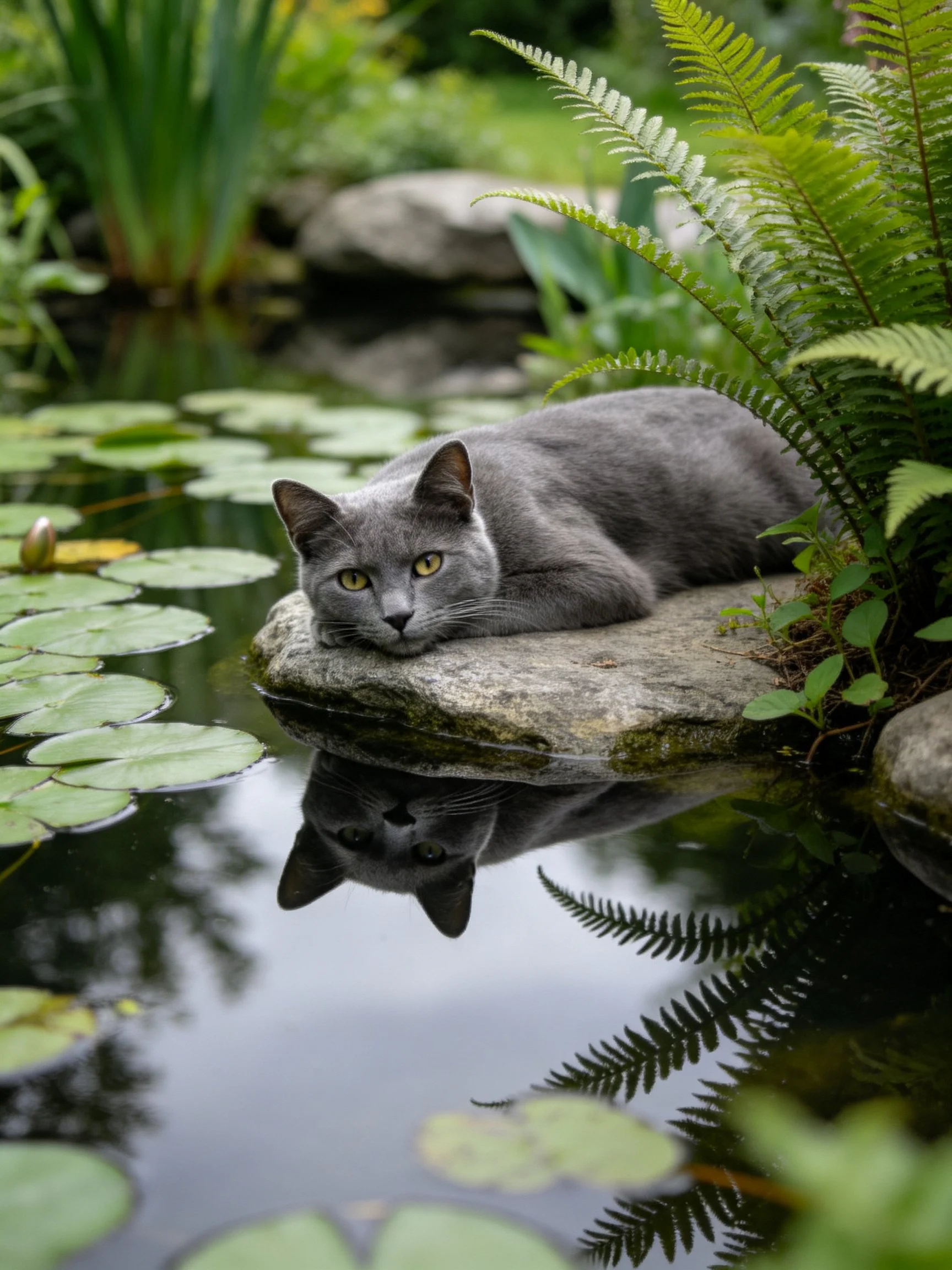 A gray cat rests on a rock near a serene pond with lily pads