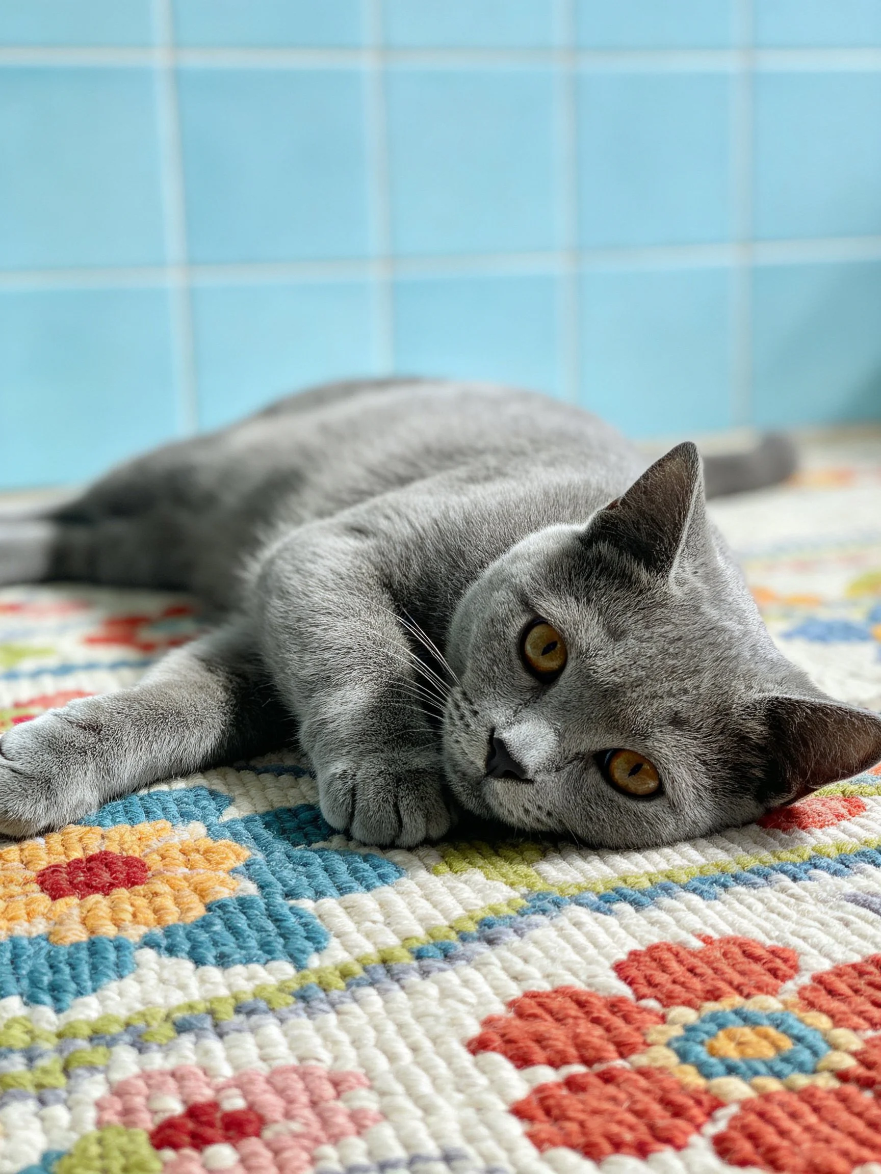 A gray cat rests on a vibrant floral rug near blue tiled walls
