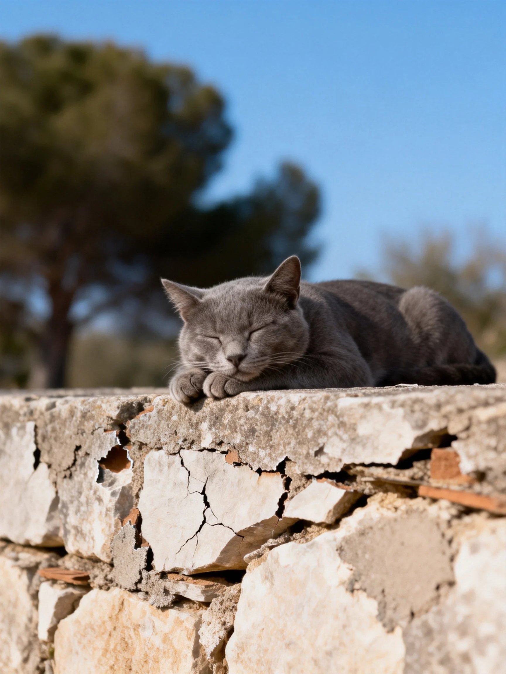 A gray cat sleeps on a cracked stone wall in bright daylight.