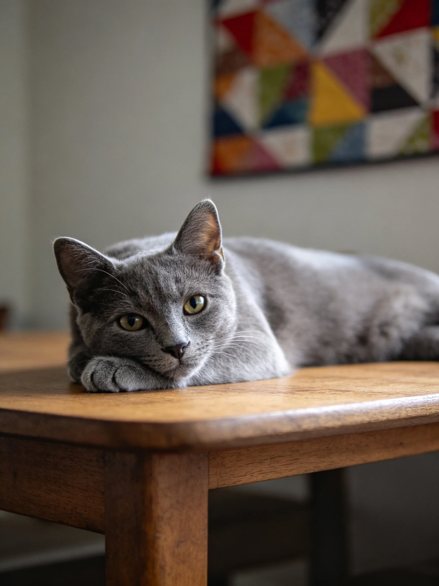 A gray cat rests on a wooden table beside a multicolored quilted artwork