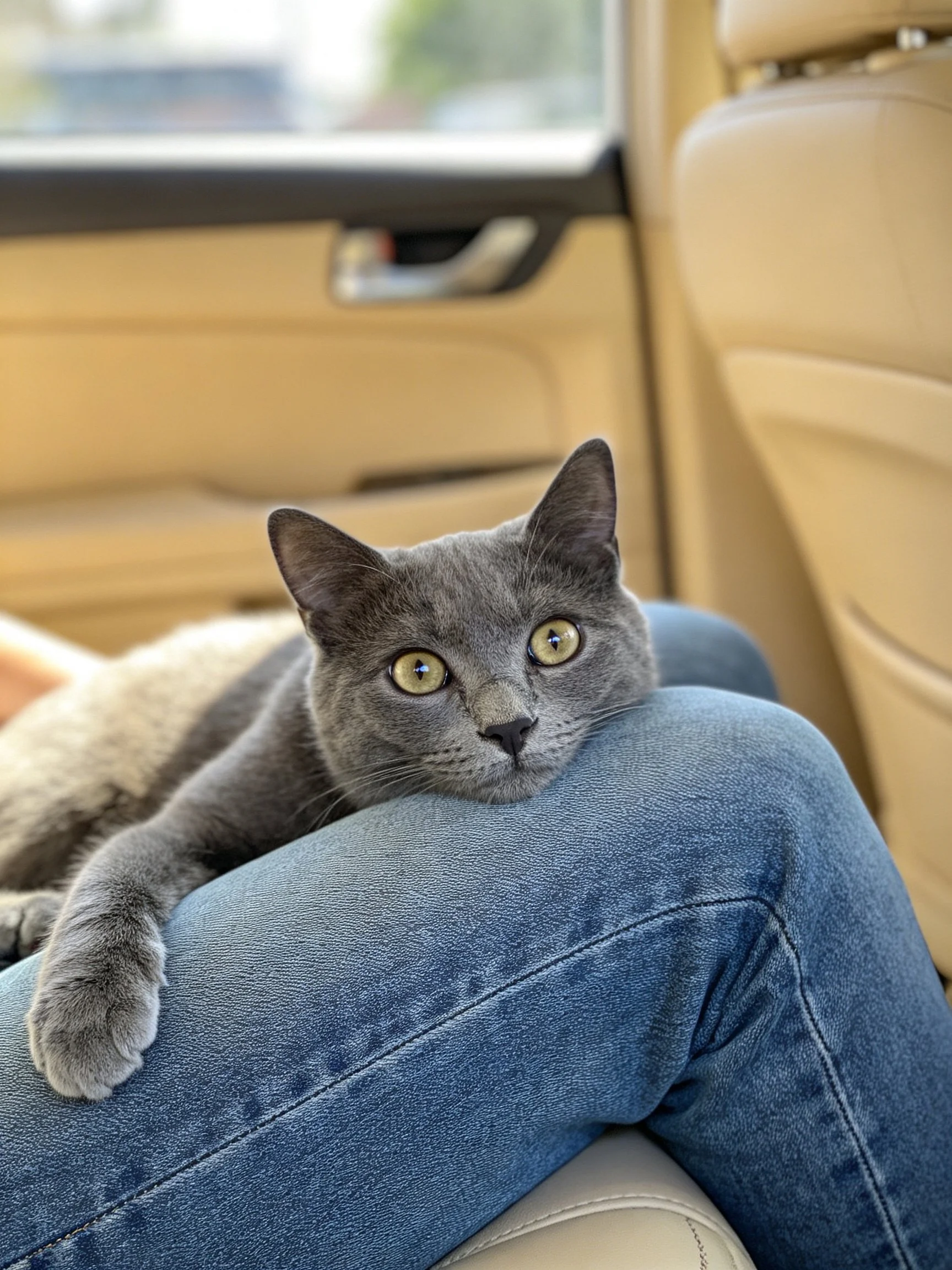 A gray cat rests on blue jeans inside a beige car