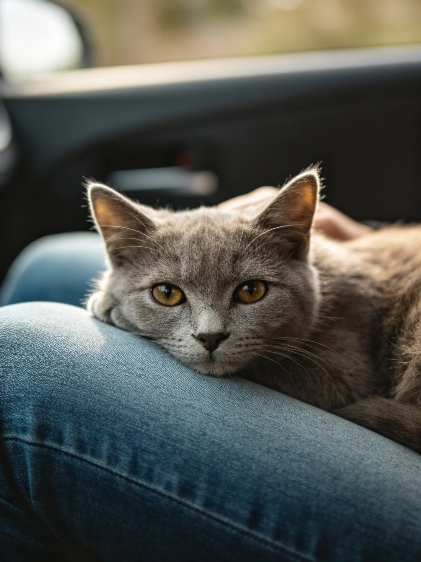A gray cat rests on blue jeans inside a vehicle