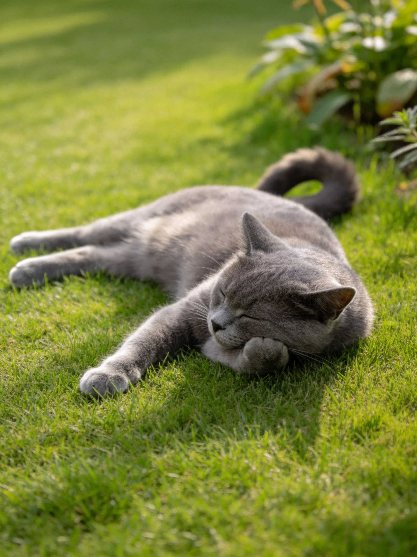 A gray cat rests on lush green grass under bright sunlight
