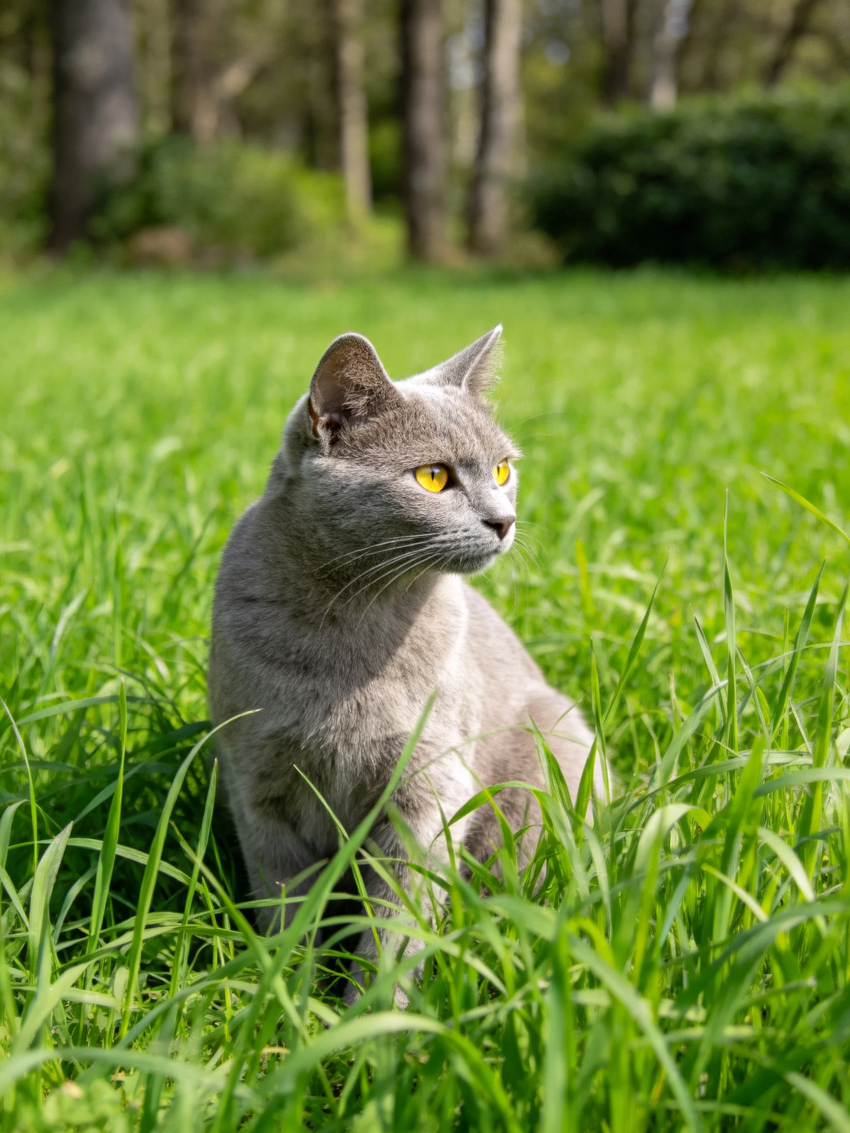A gray cat rests among lush green grass in a sunlit natural environment.