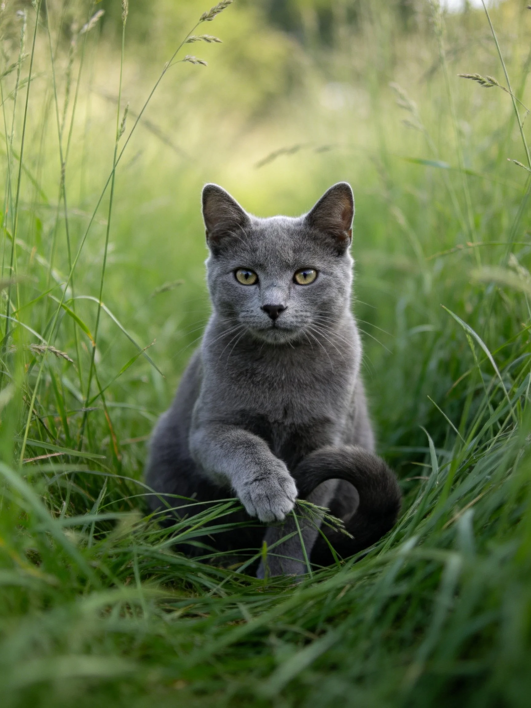 A gray cat sits calmly in lush green grass.