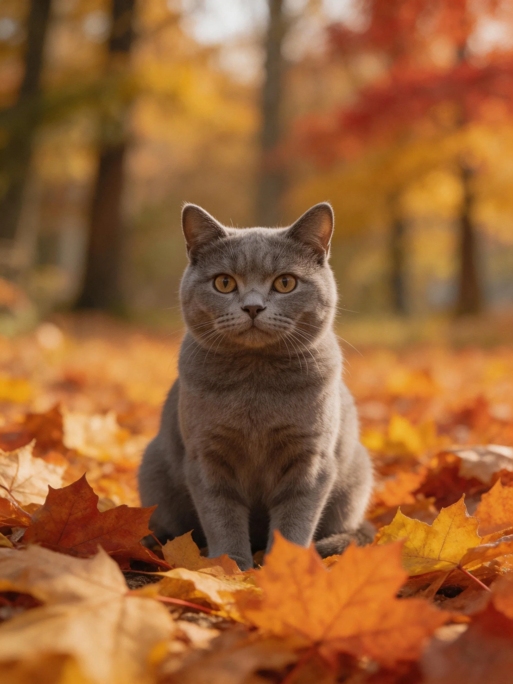 A gray cat sits amid vibrant fall foliage in a forest clearing