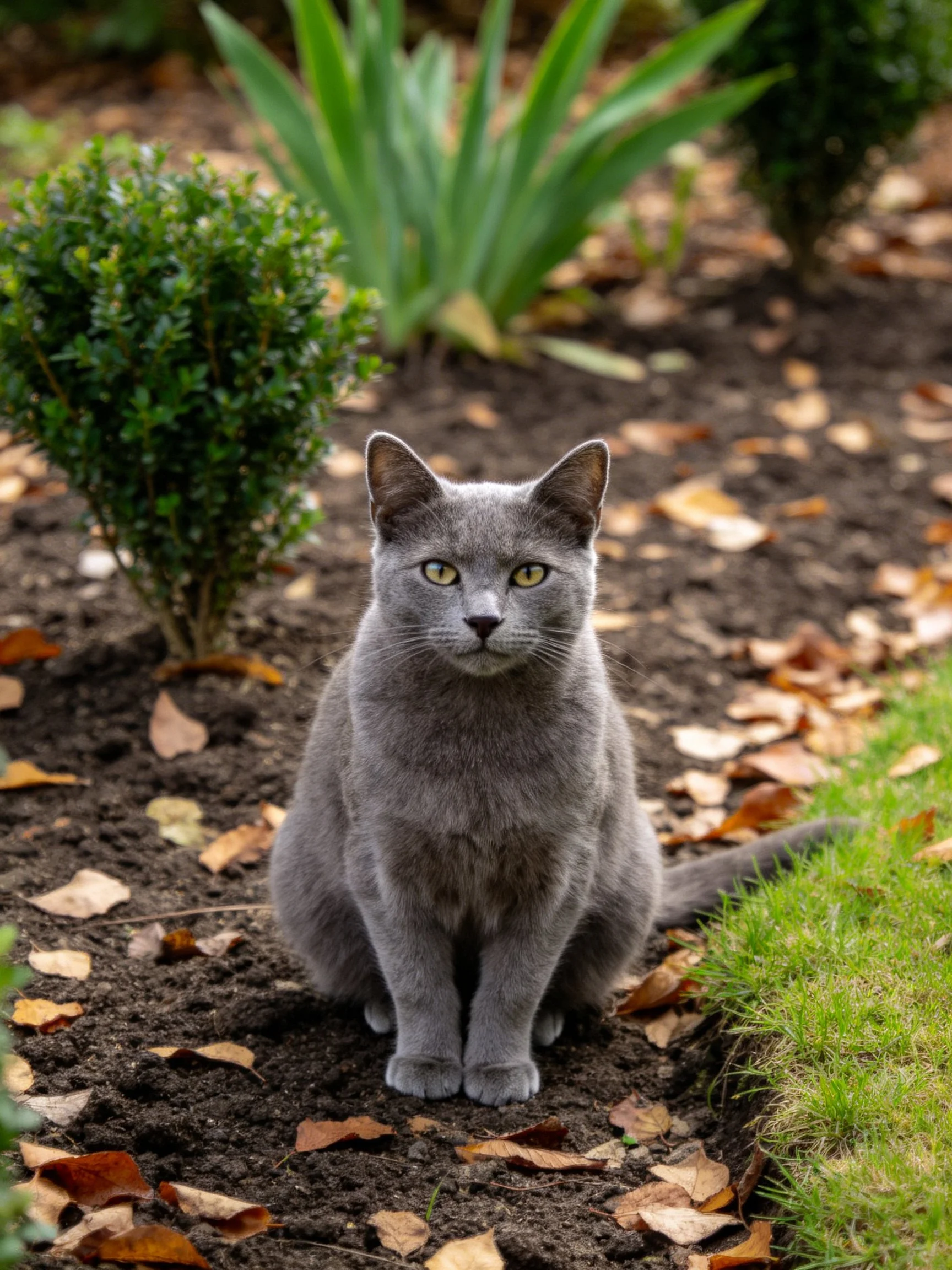 A gray cat sits calmly in a garden with by greenery and fallen leaves.