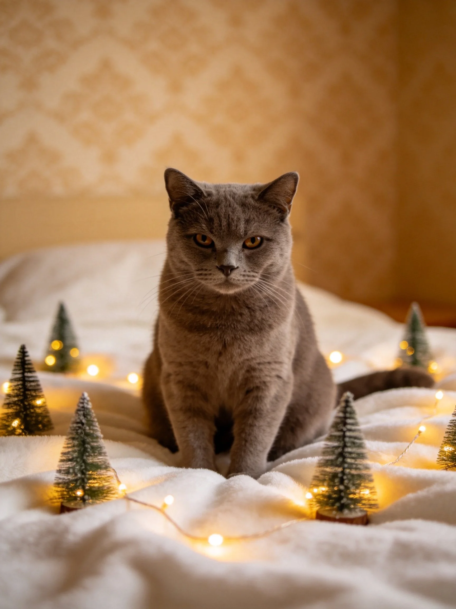 A gray cat sits among tiny evergreen trees and glowing string lights on a white bed