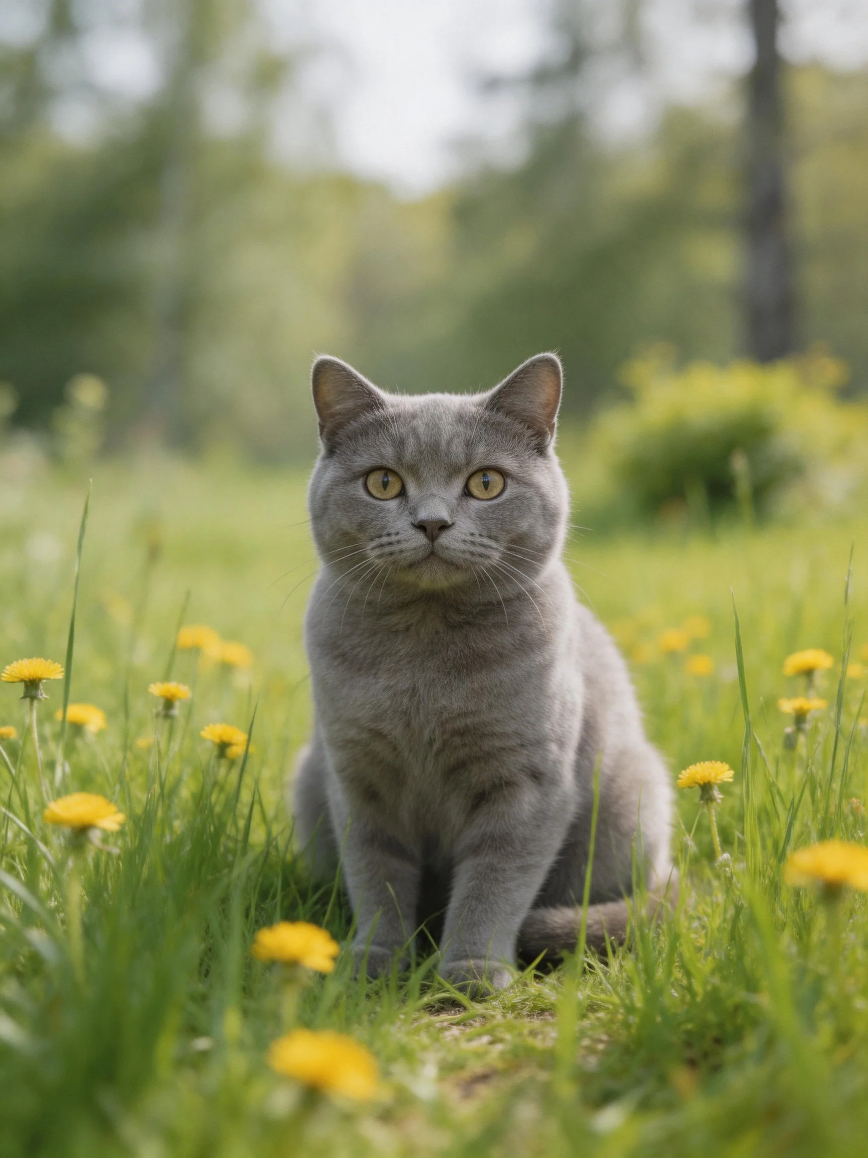 A gray cat sits calmly amid yellow dandelions and tall green grass.