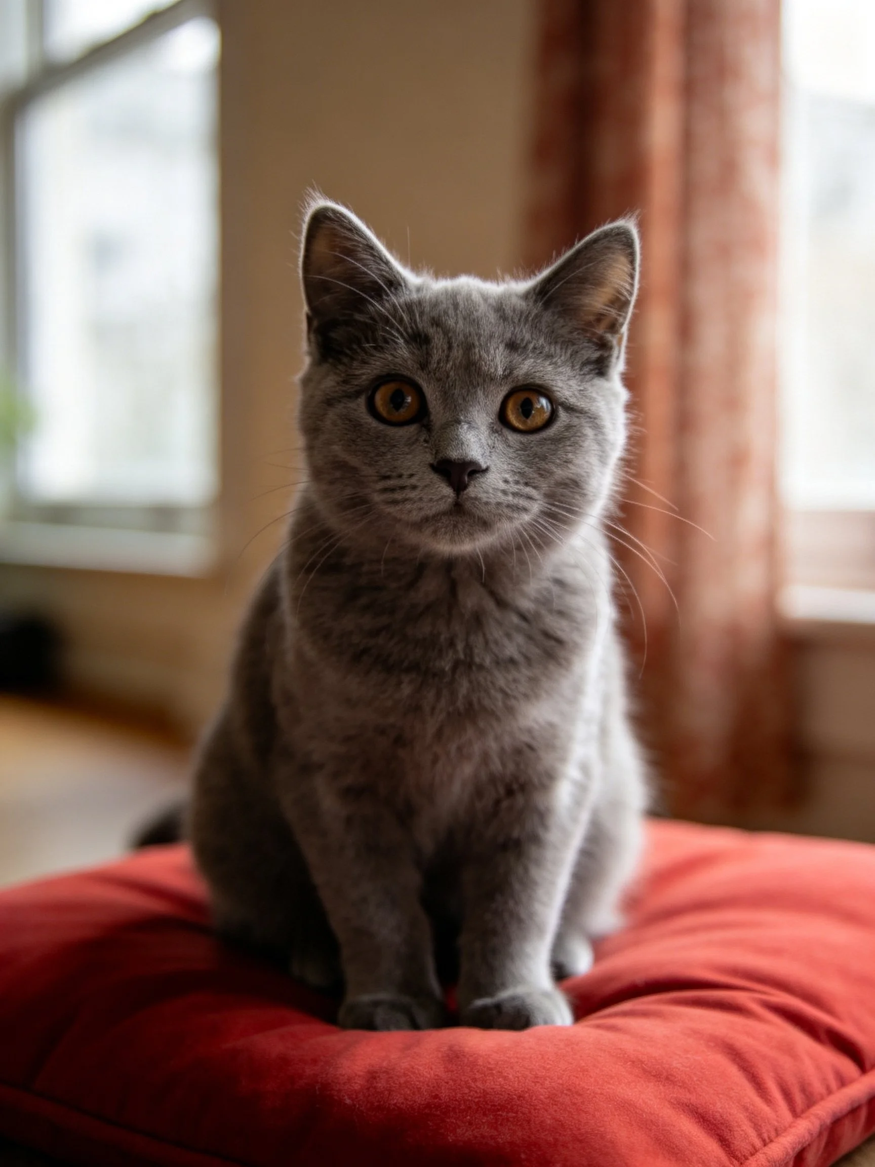 A gray cat sits on a red cushion in a cozy room with windows