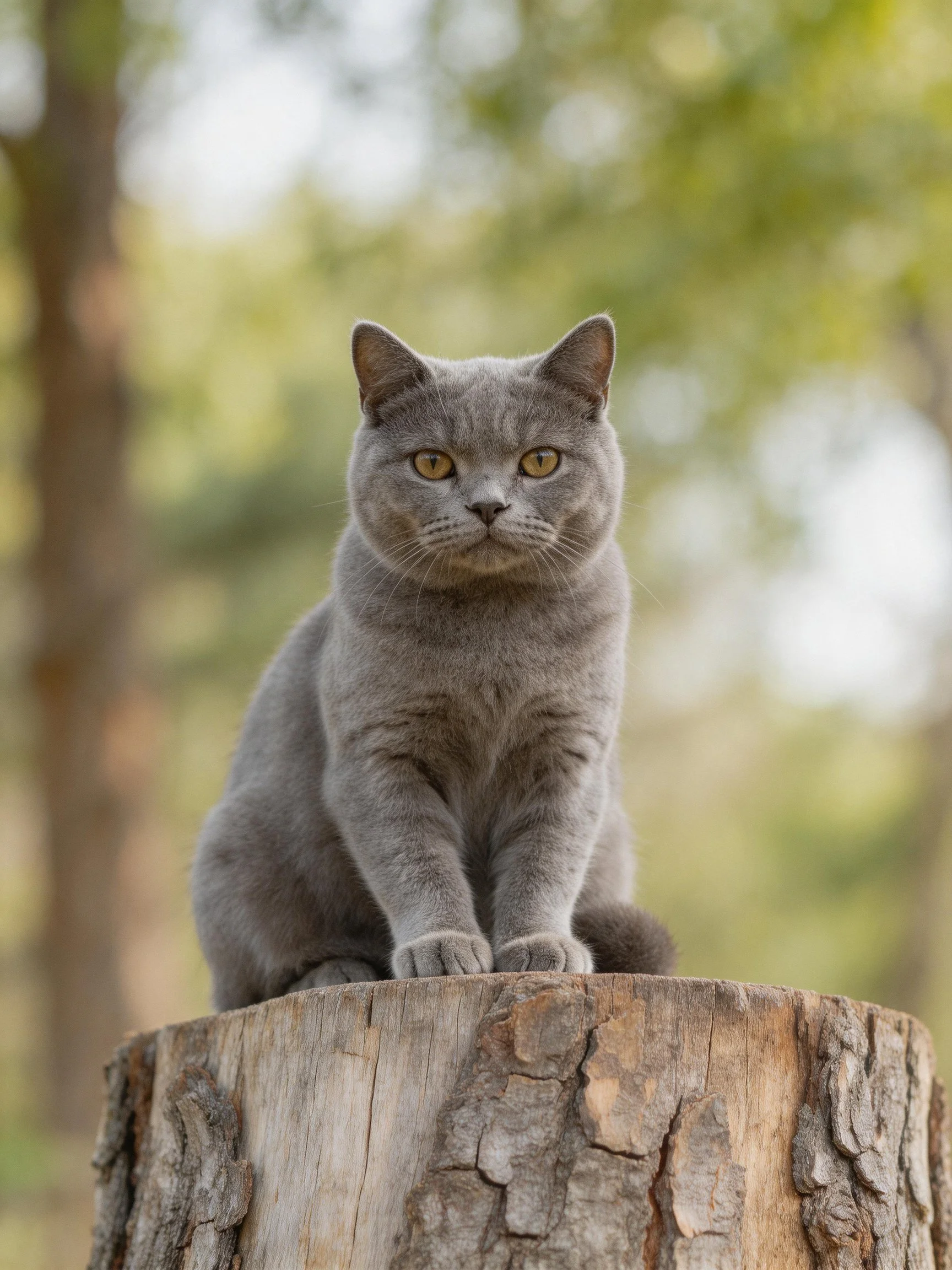 A gray cat sits calmly on a tree stump in a sunlit outdoor area.