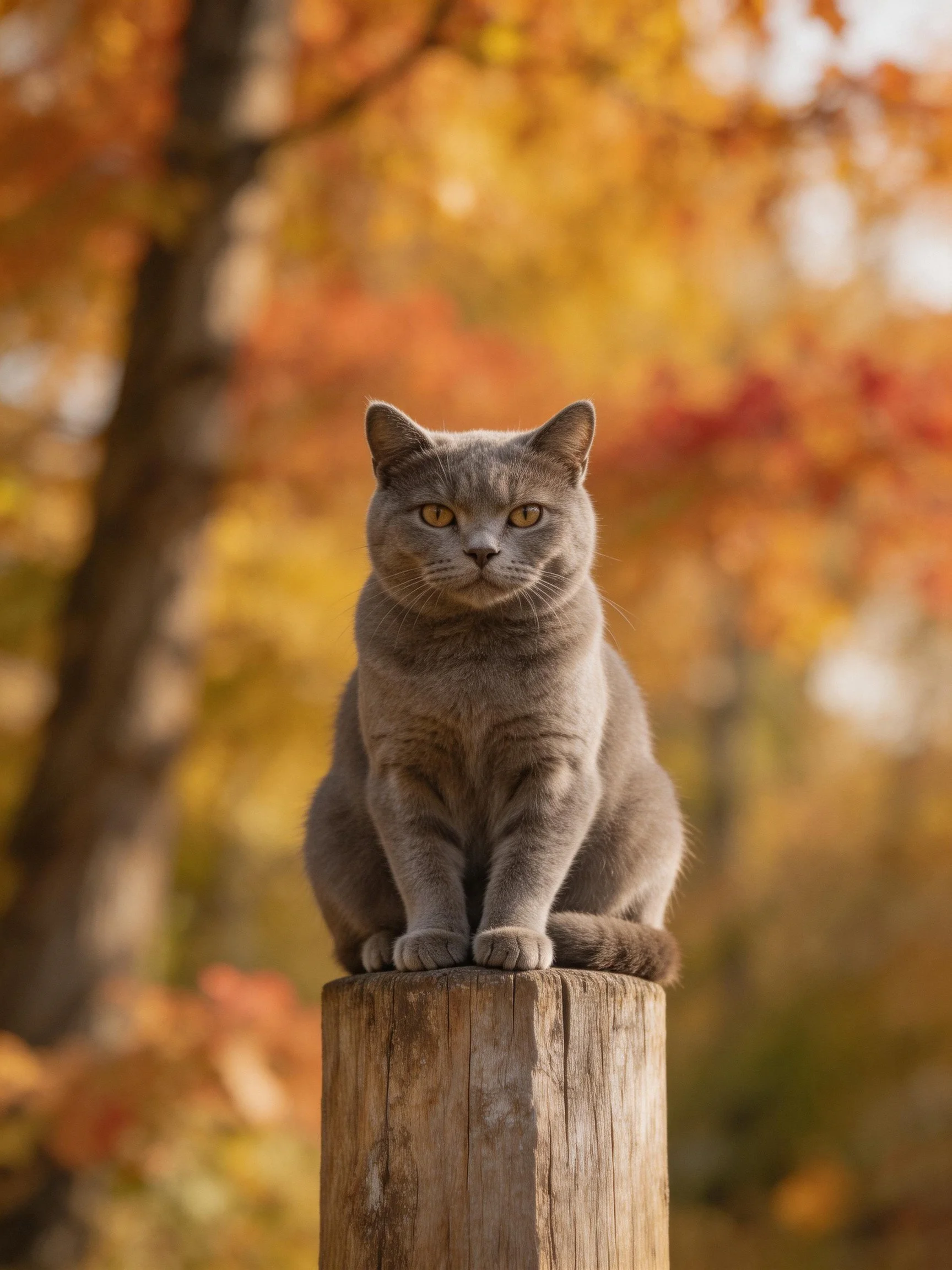 A gray cat sits on a wooden post surrounded by colorful autumn trees.