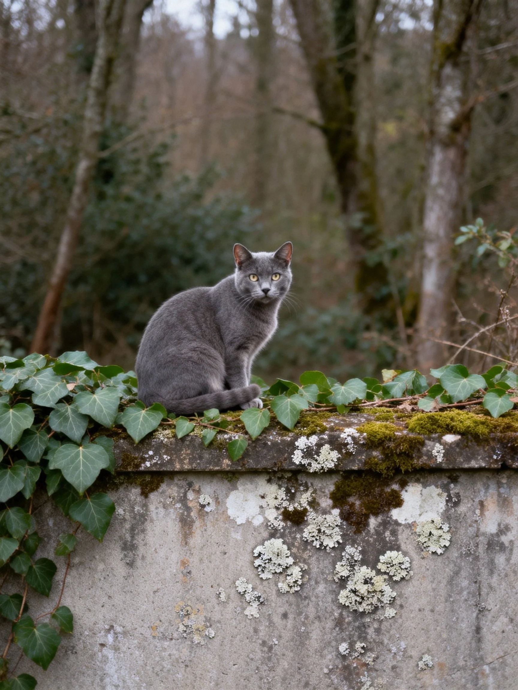 A gray cat rests on a mossy, lichen-dotted stone wall amid trees.