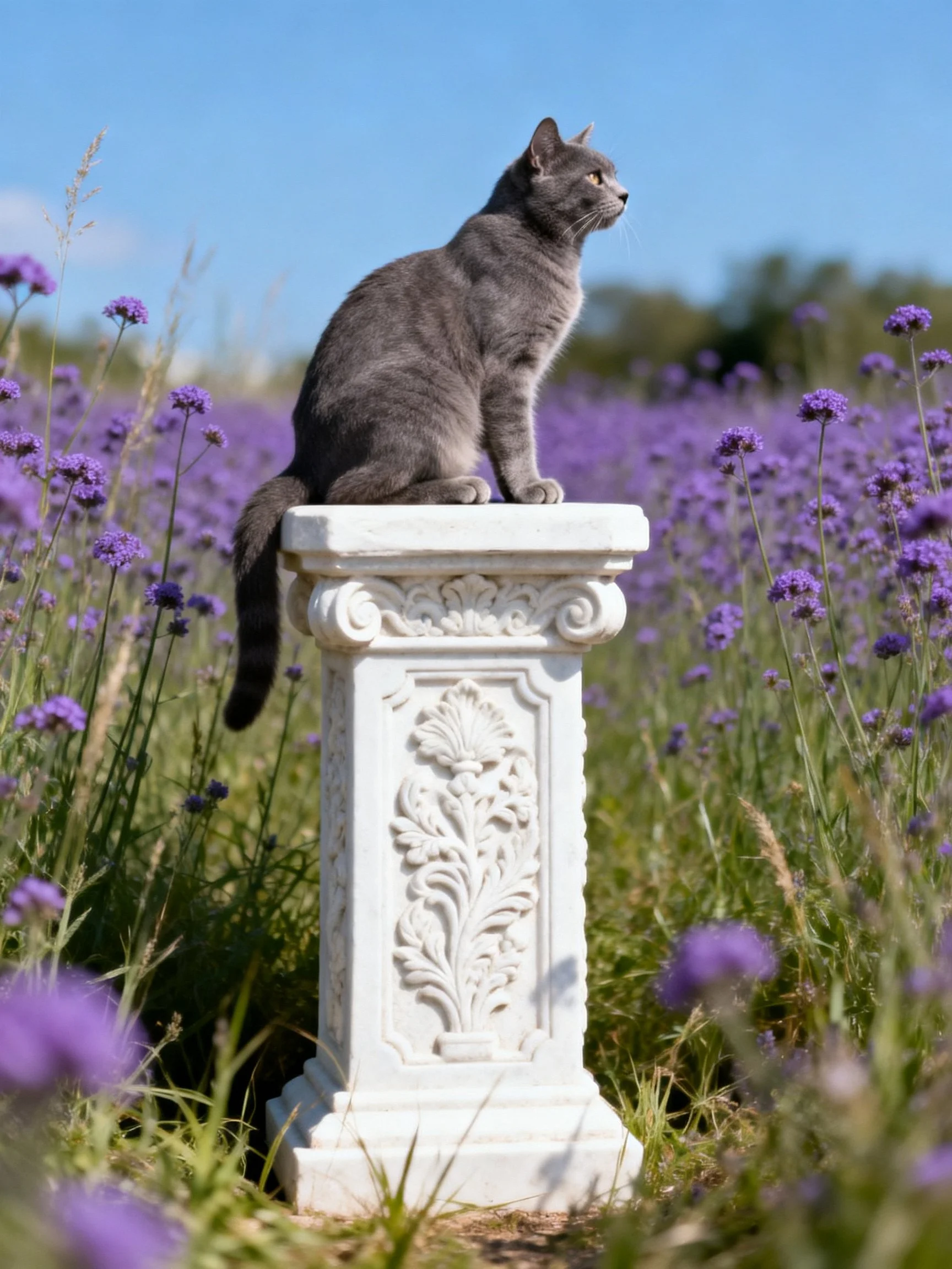 A gray cat sits on a decorative white pedestal among purple flowers.