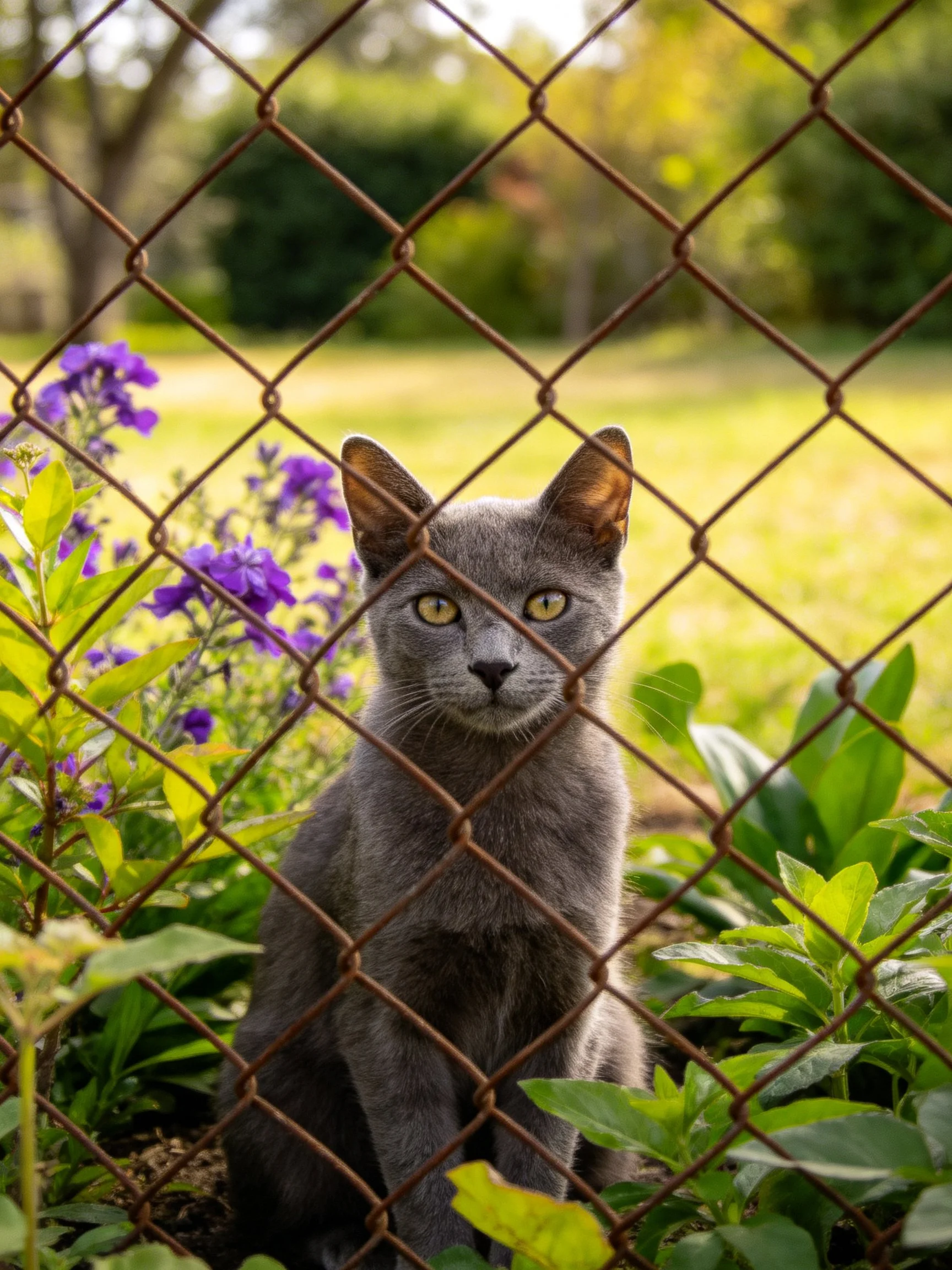 A gray cat sits behind a rusted chain-link fence near vibrant purple flowers