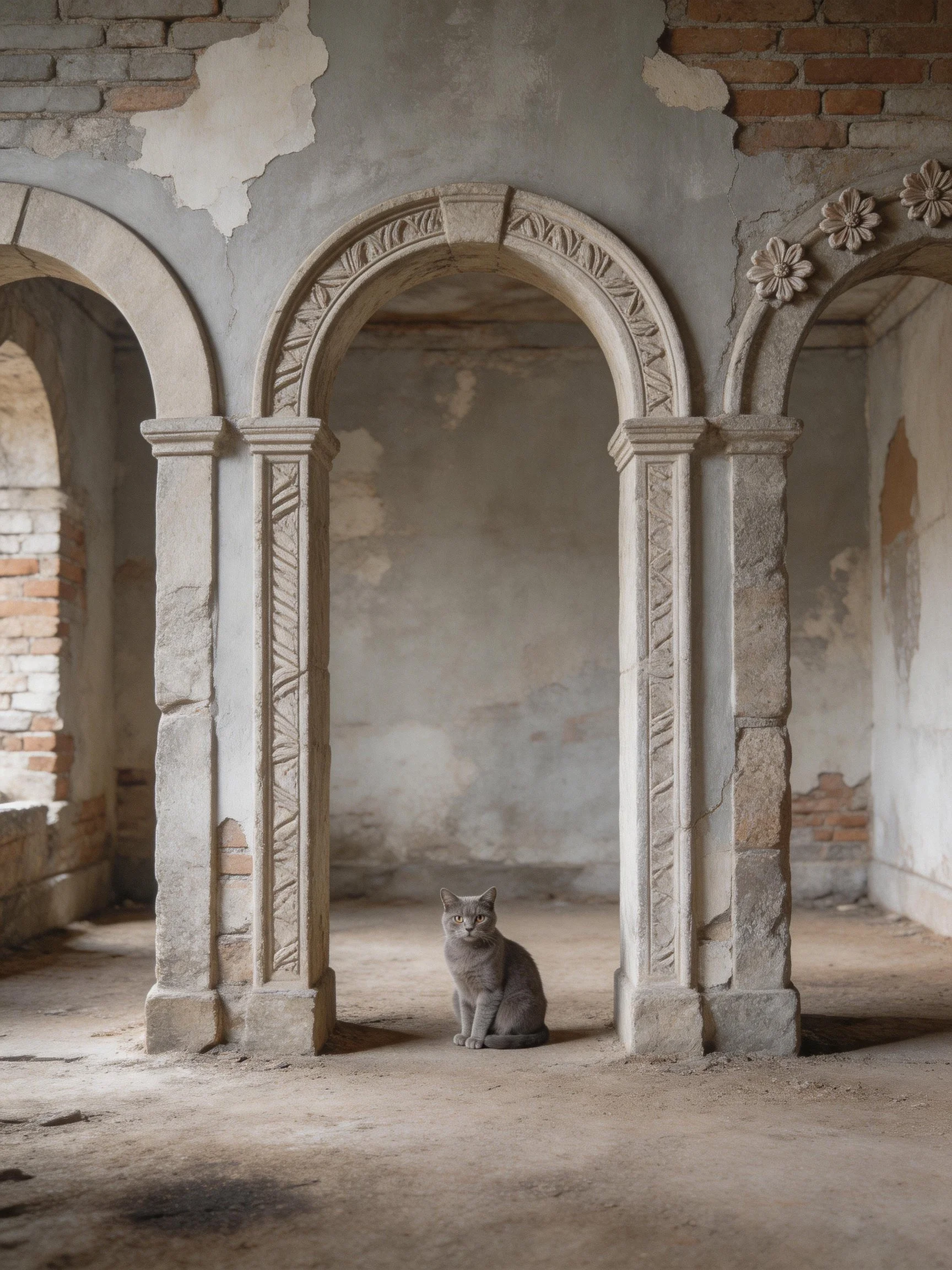 A gray cat sits beneath ornate stone arches in an aged building