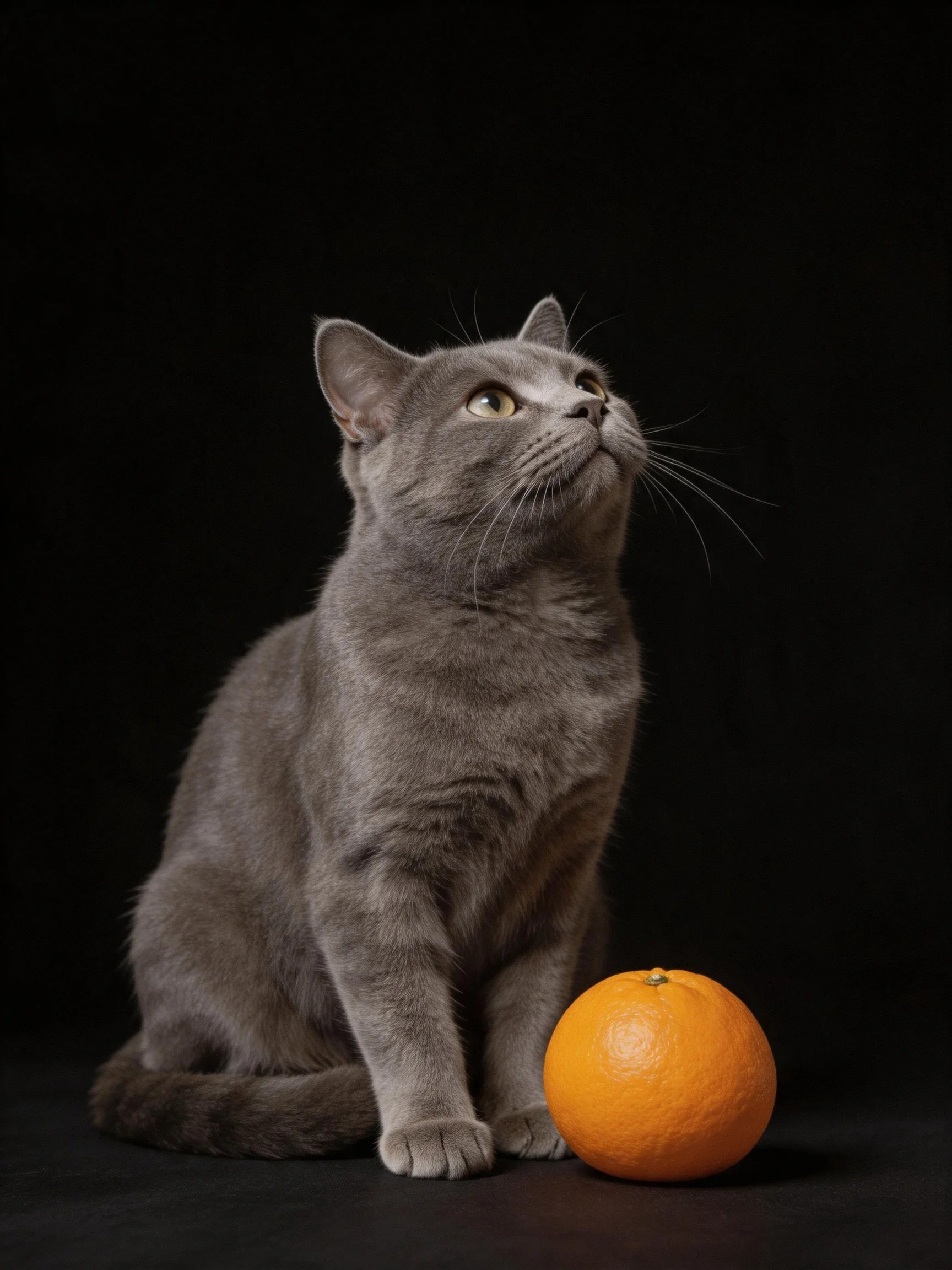 A gray cat sits next to an orange on a dark surface.
