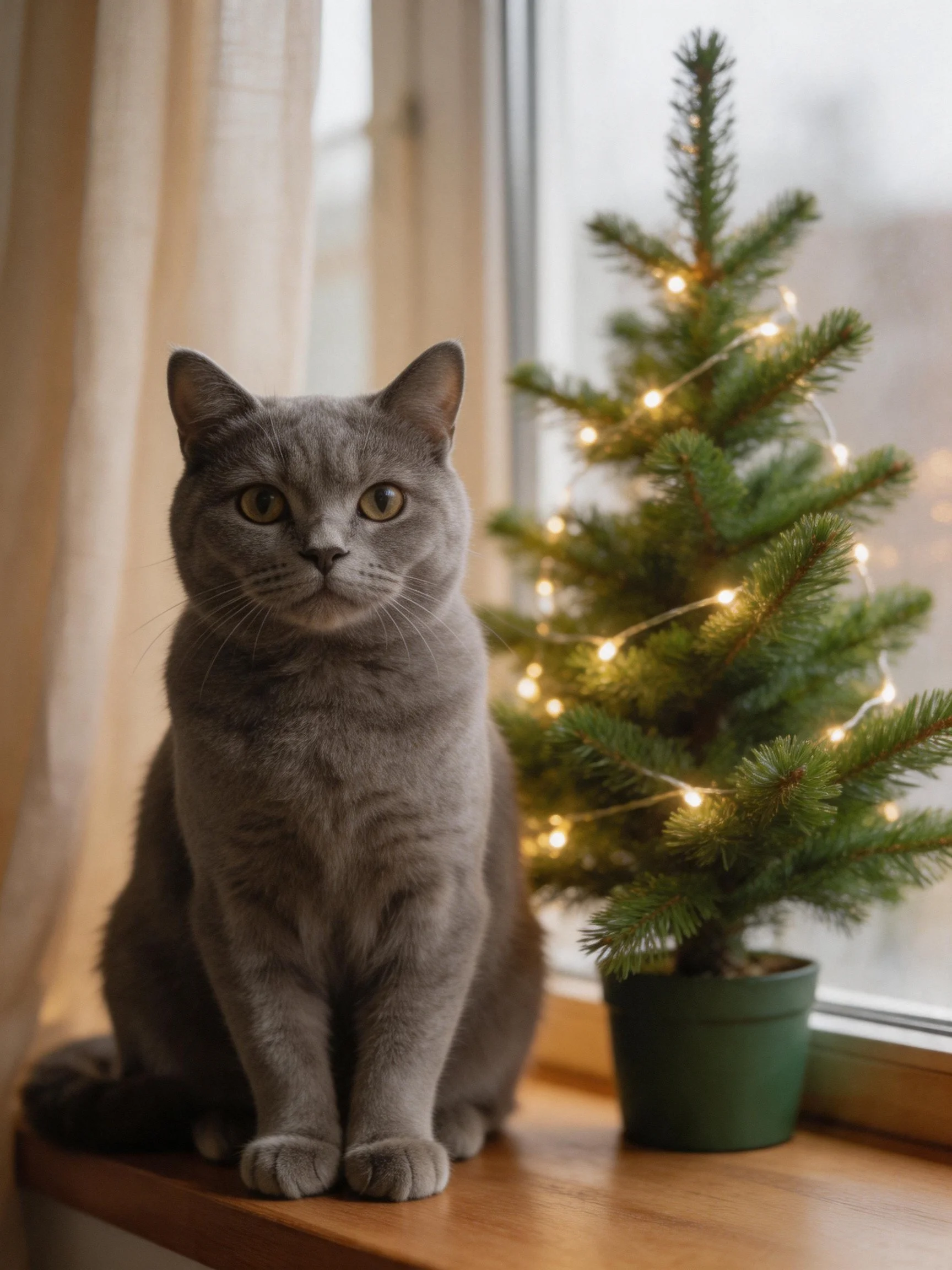A gray cat sits beside a lit miniature Christmas tree on a windowsill.