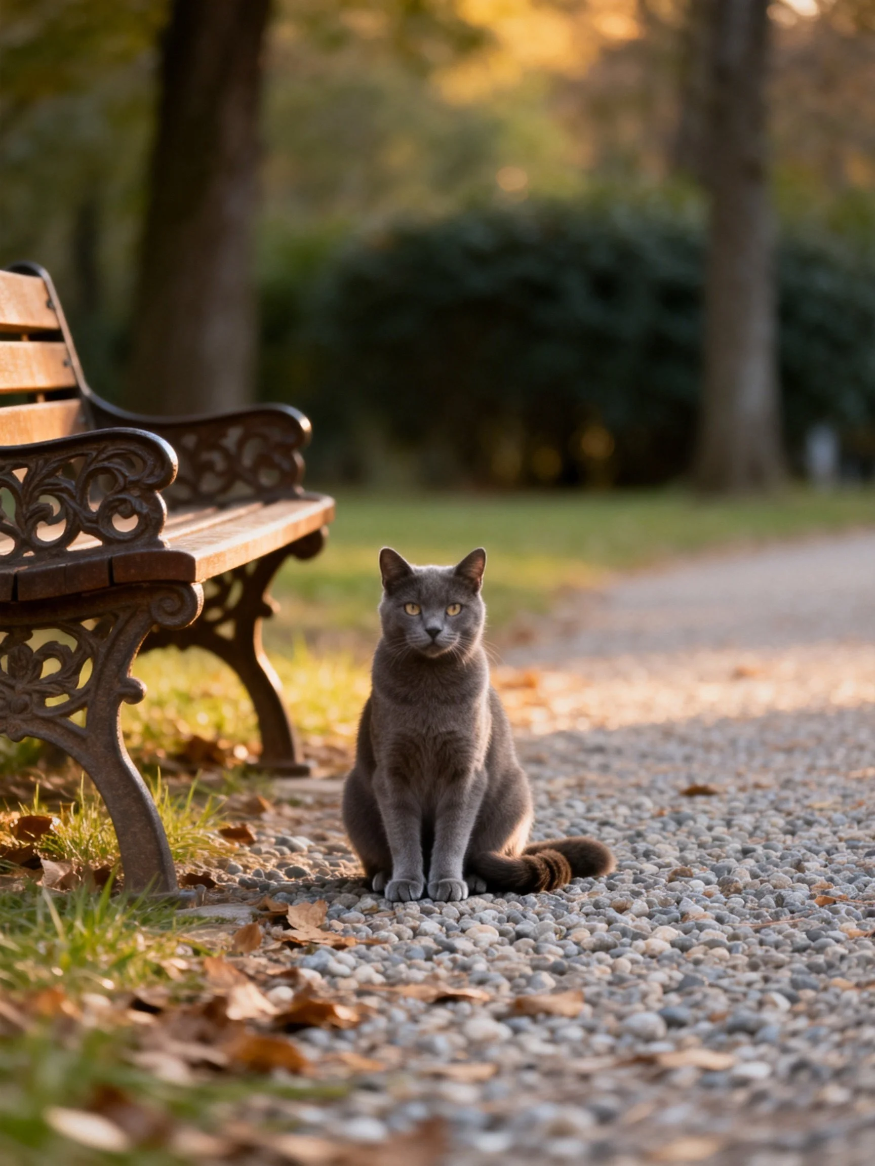 A gray cat sits calmly next to a wooden bench in a sunlit outdoor area.