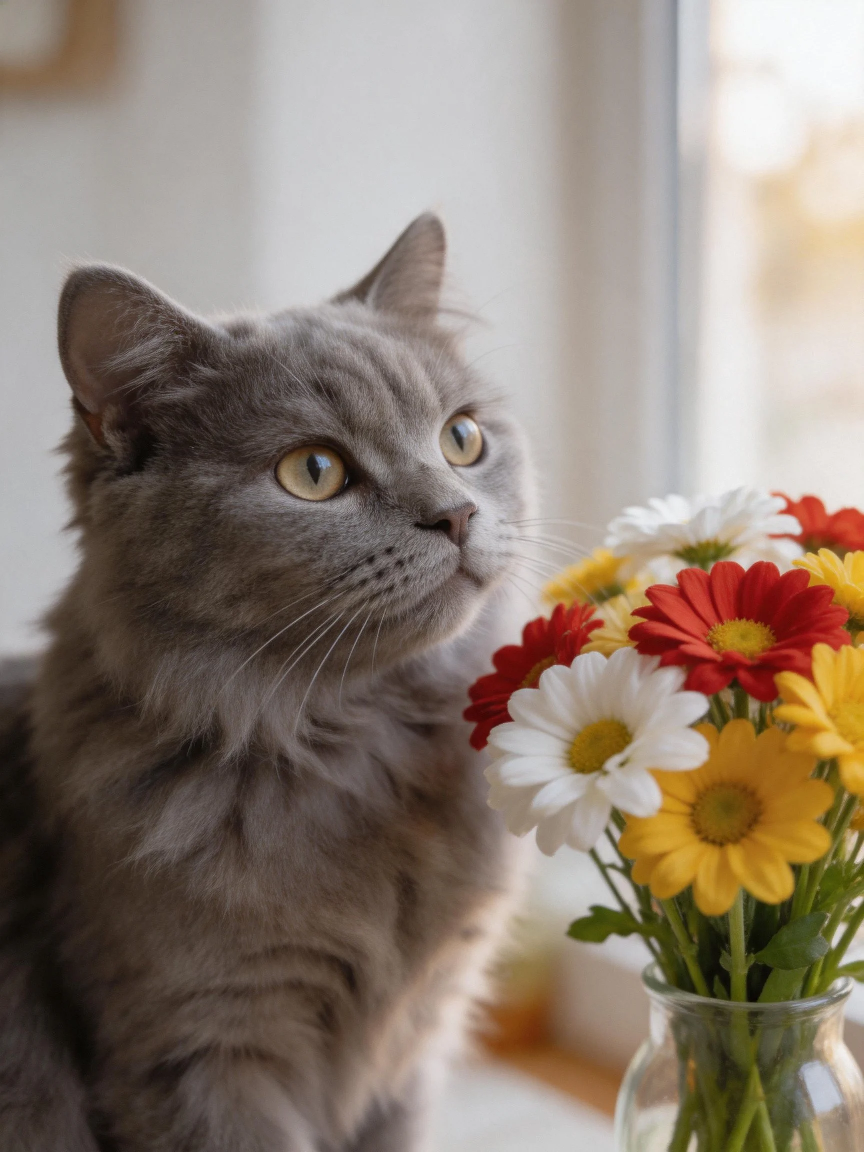 A gray cat observes colorful flowersin a glass vase near a window.