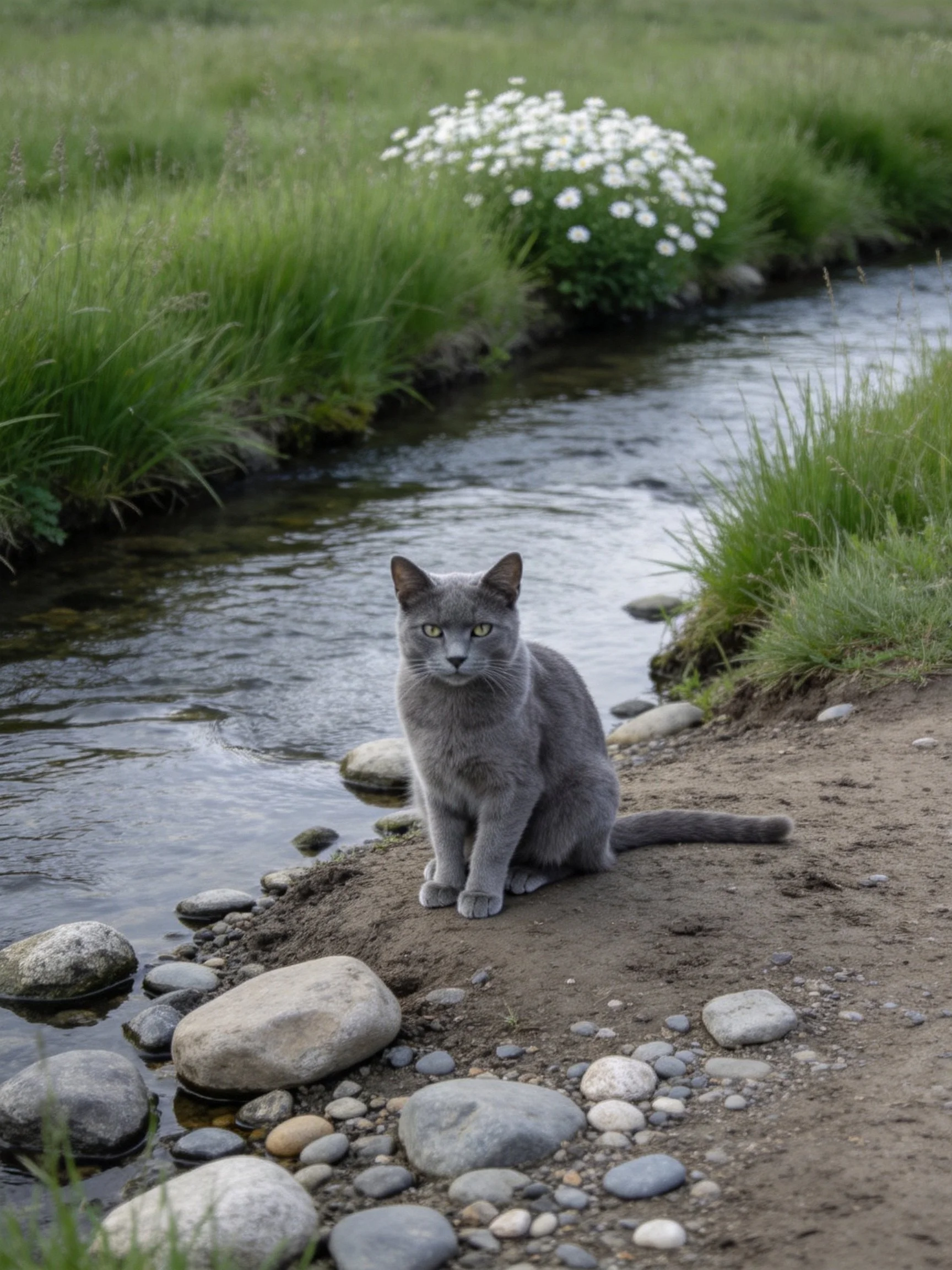 Gray cat rests beside a calm stream among greenery and flowers.