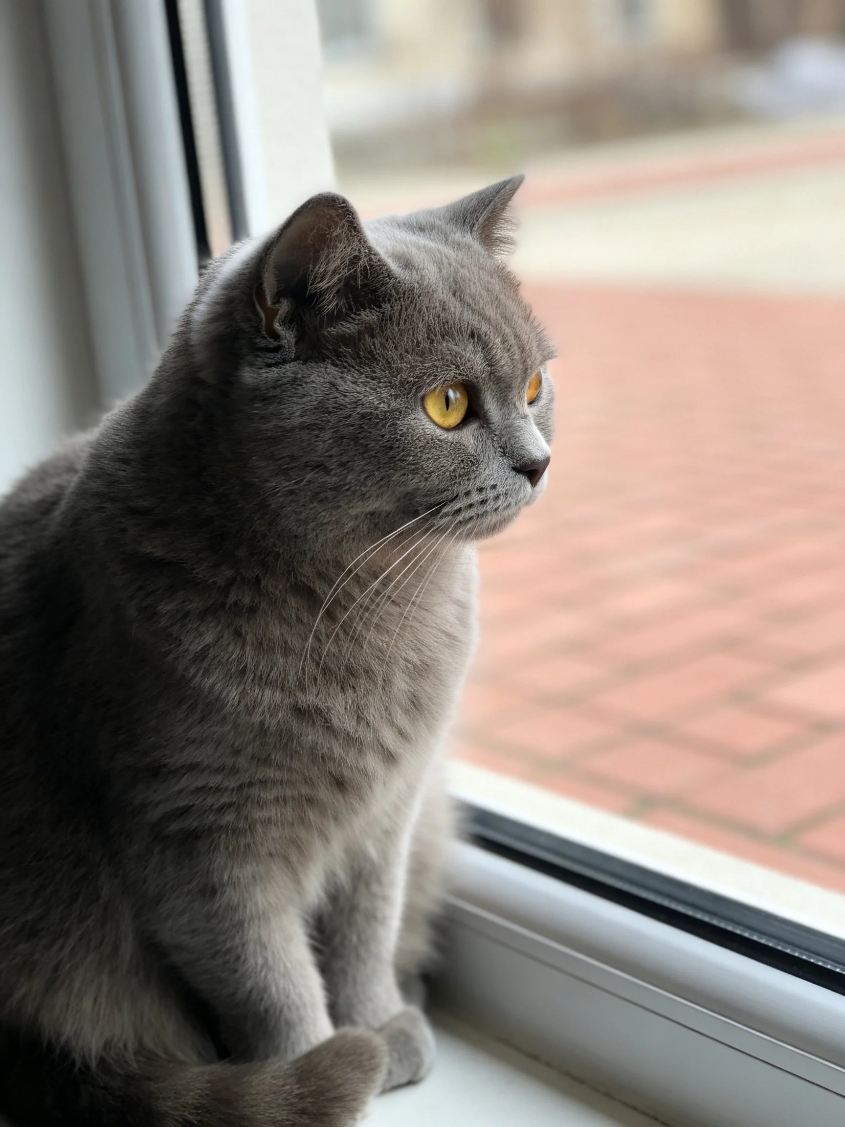 A gray cat sits by a window with bright yellow eyes