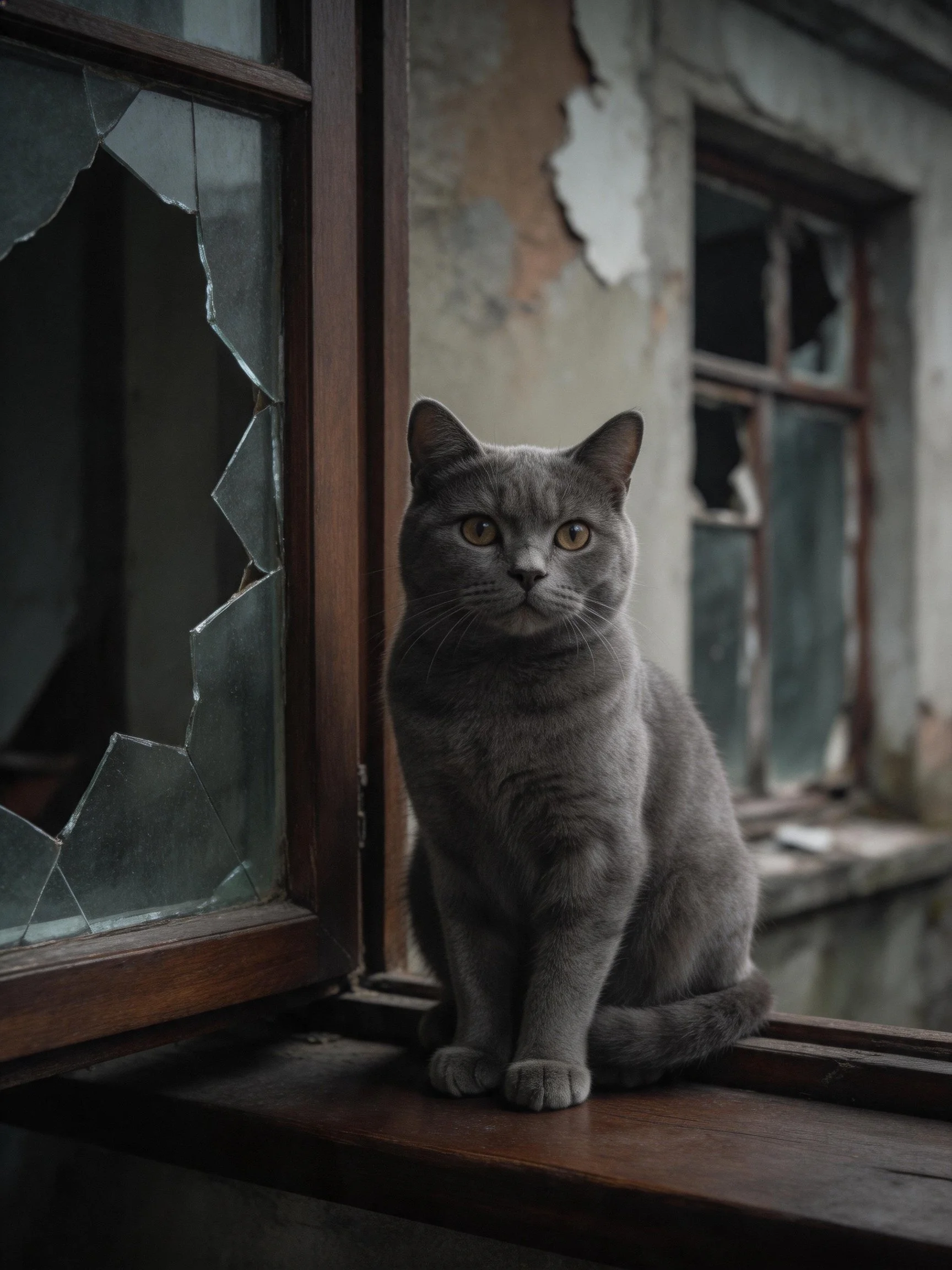 A gray cat sits by shattered windows in an aged building