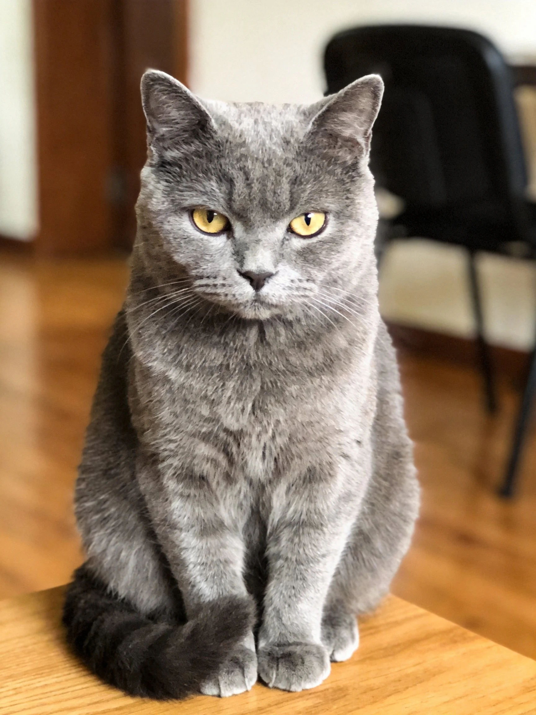 A gray cat sits calmly on a wooden table with yellow eyes