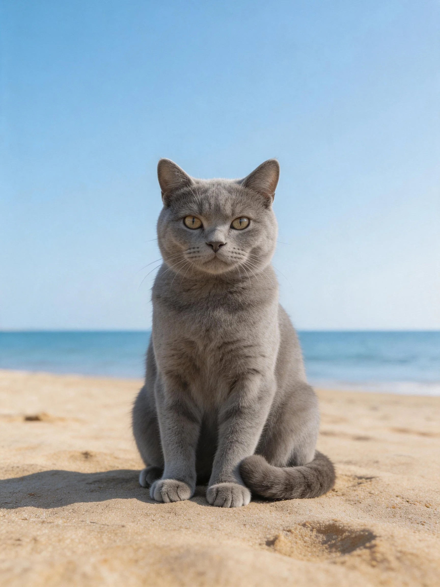 A gray cat sits calmly on sandy beach near blue ocean