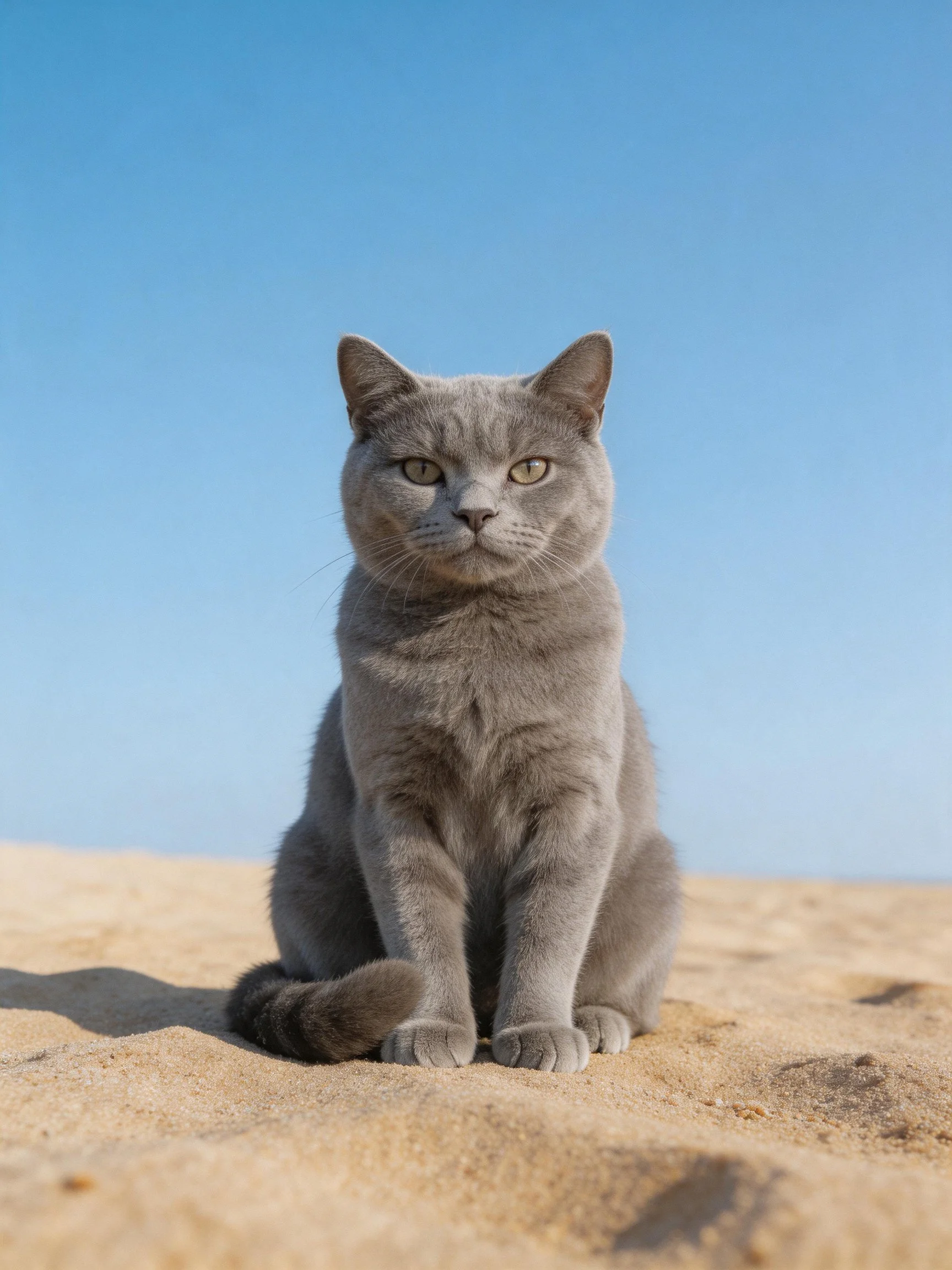 A gray cat sits calmly on sandy terrain against a clear blue sky