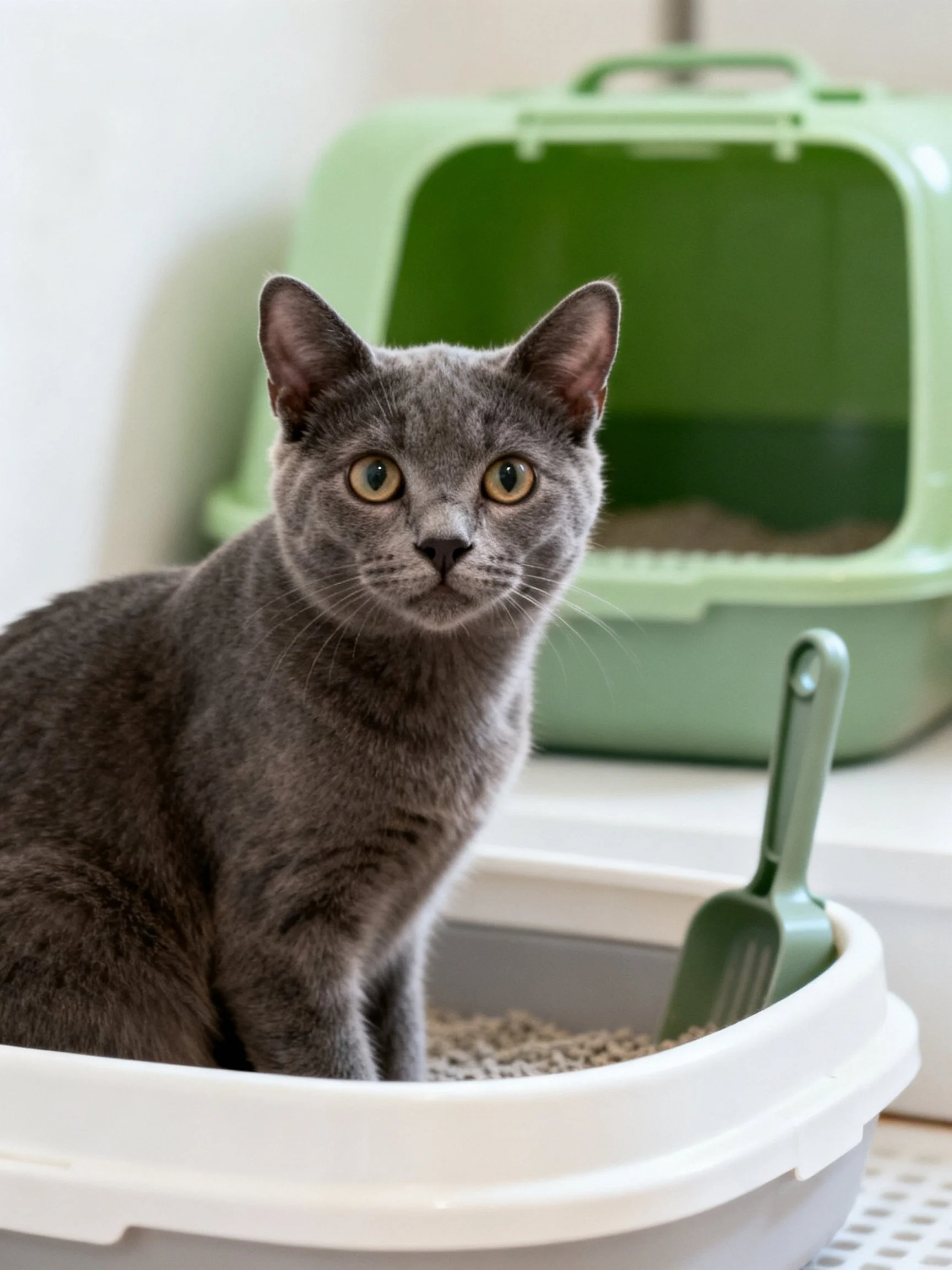 A gray cat sits in a white litter box with a green pet carrier nearby