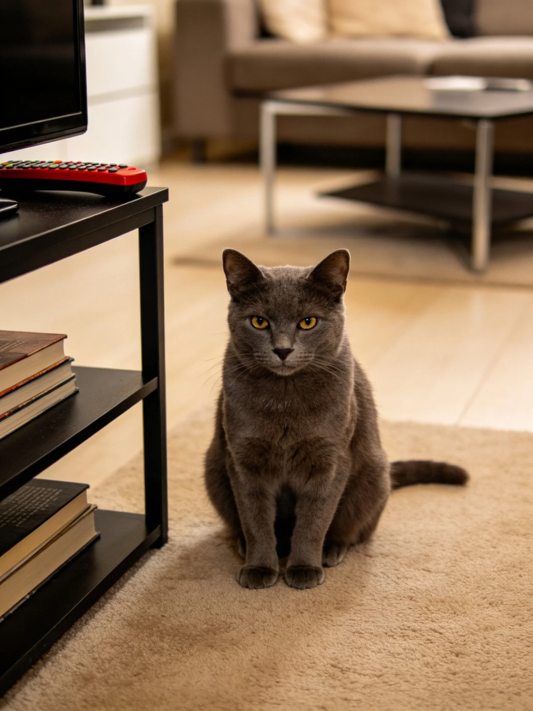 A gray cat sits calmly in a cozy living room near a TV stand.