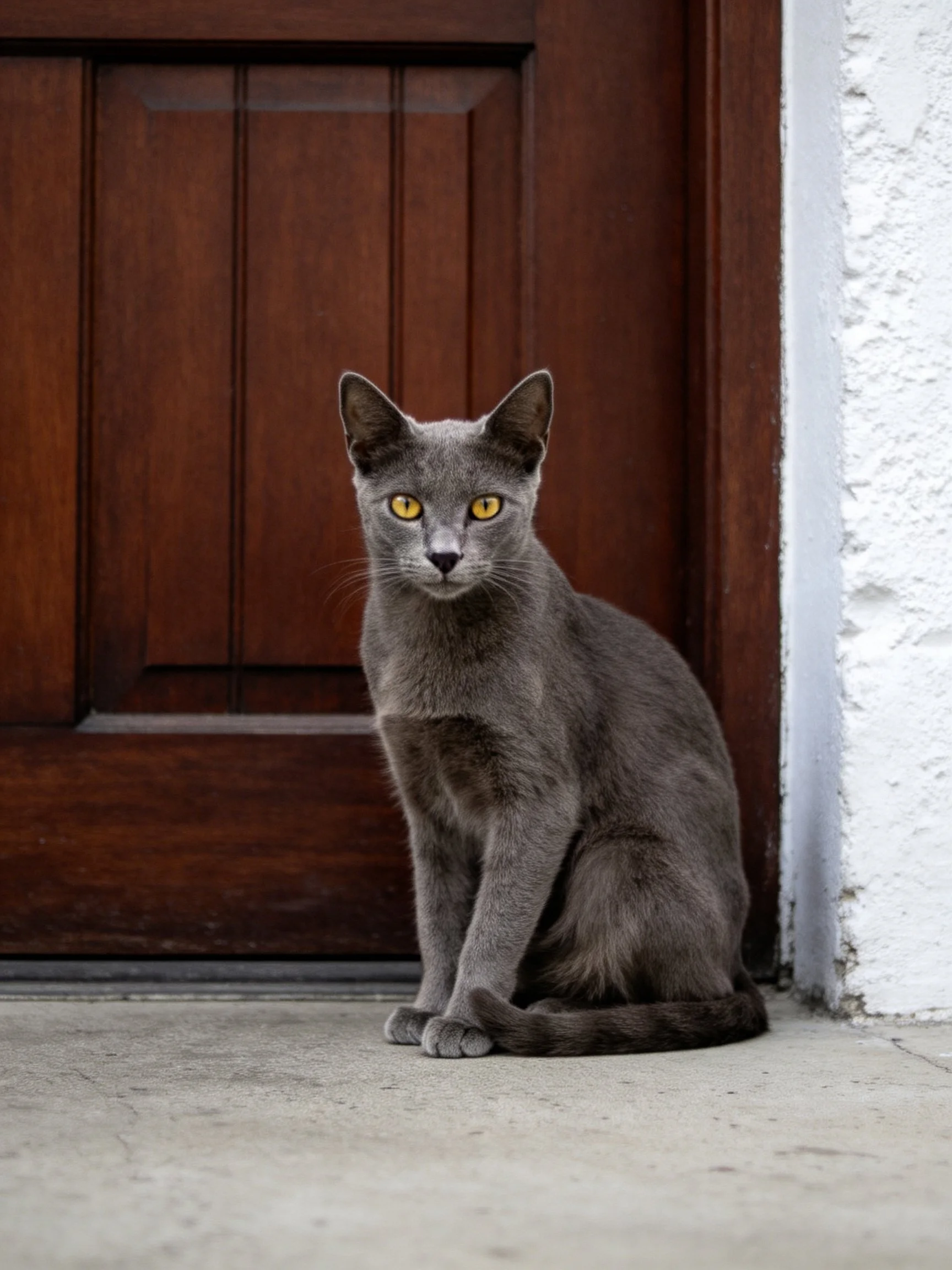 A gray cat sits calmly near a wooden door and white wall