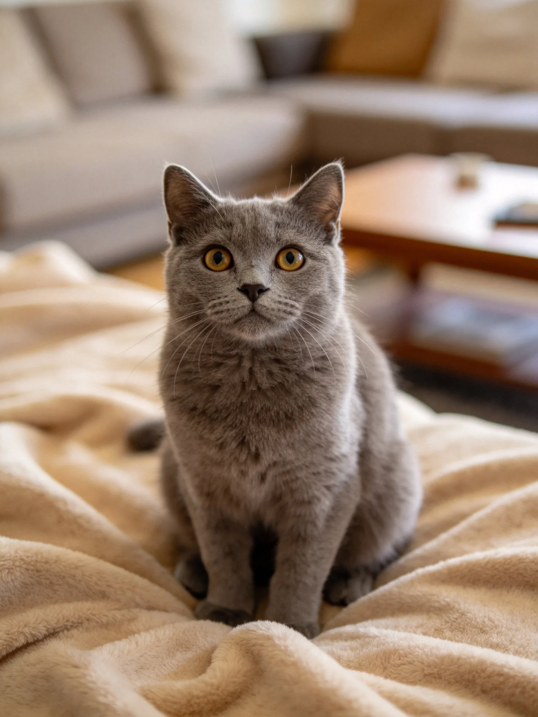 A gray cat sits on a beige blanket in a cozy living room