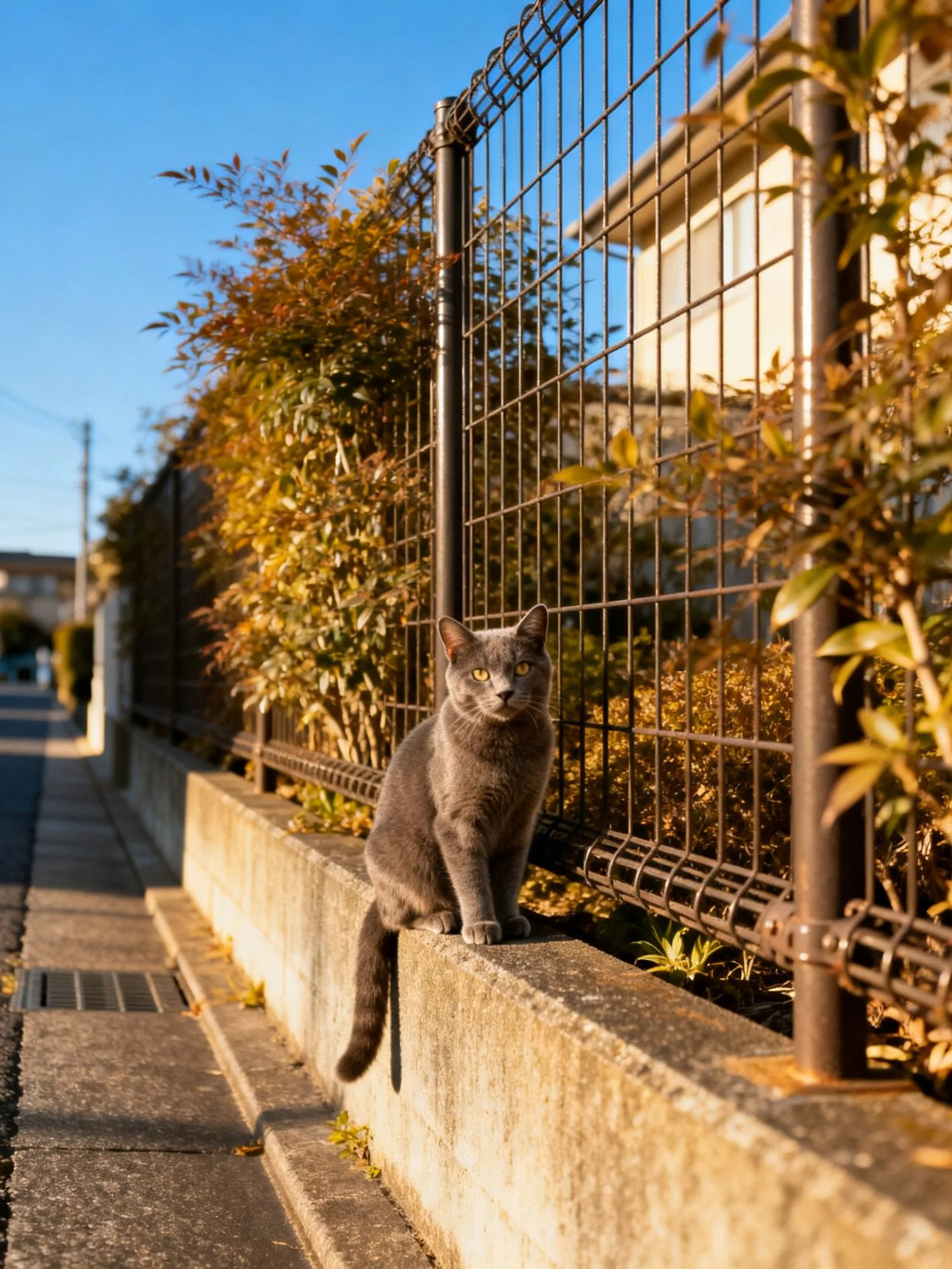A gray cat sits on a concrete ledge beside an iron fence with autumn foliage