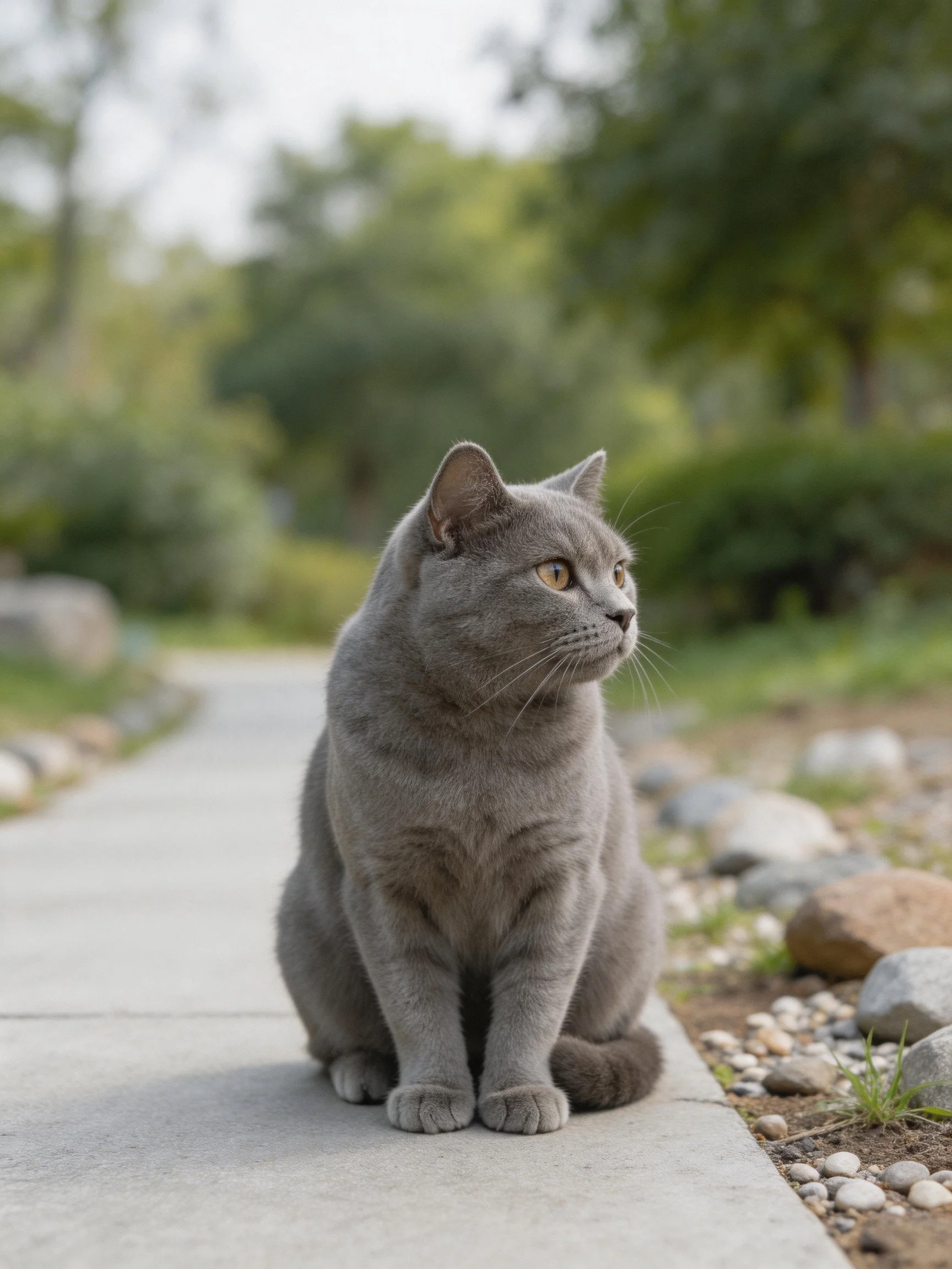A gray cat sits on a concrete path beside rocks and greenery