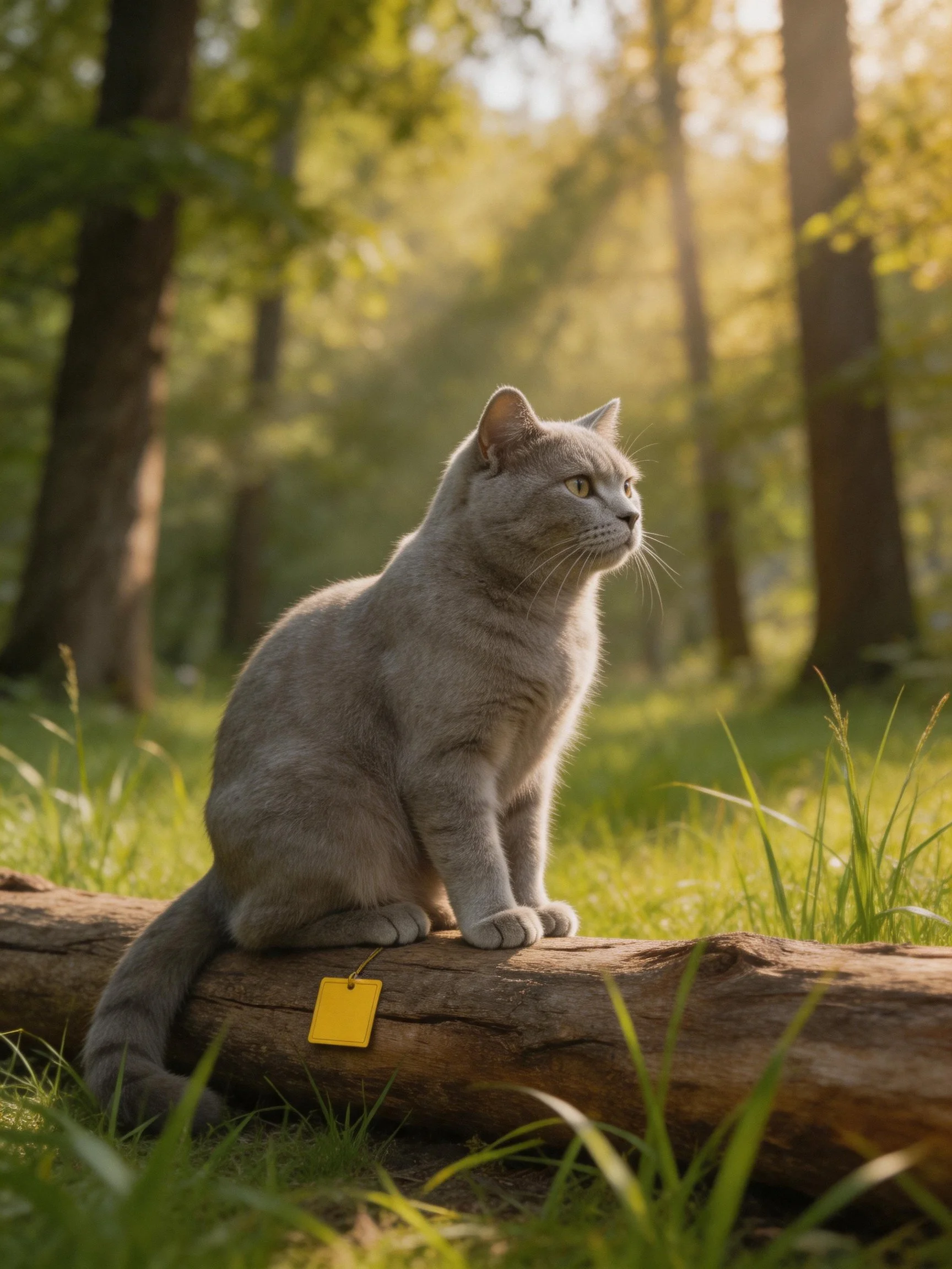 A gray cat rests on a log amidst a sunlit woodland area.