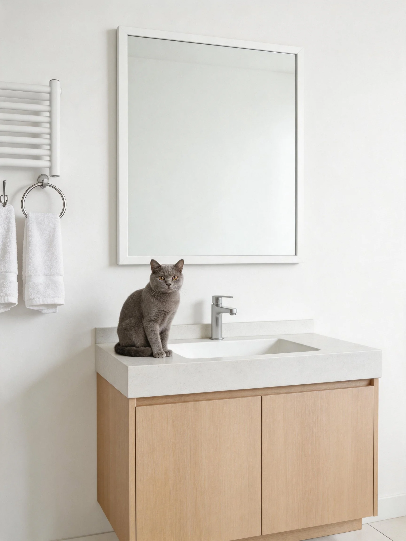 A gray cat sits on a minimalist wooden vanity in a bright bathroom